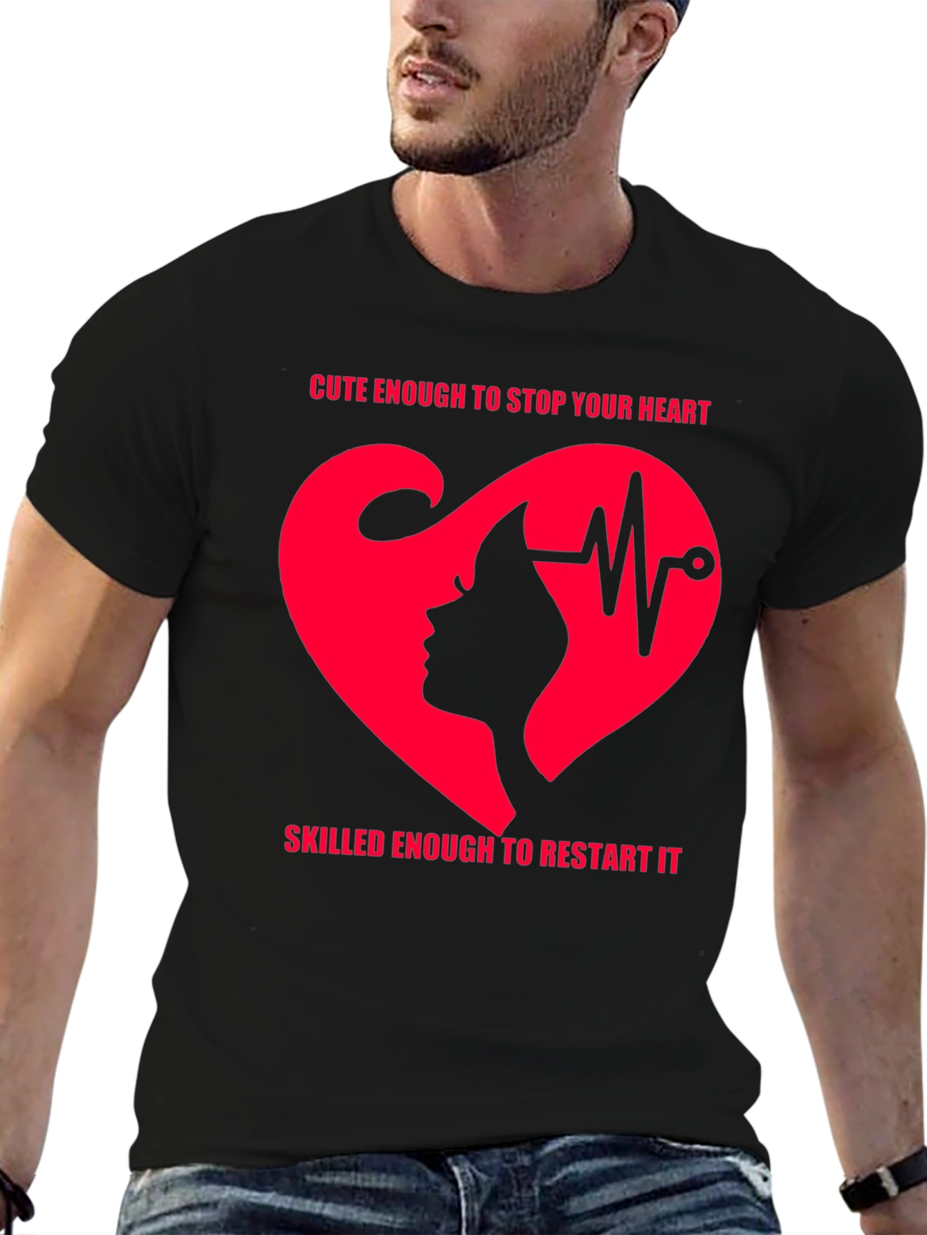 Cute Nurse Heartbeat Graphic T-Shirt