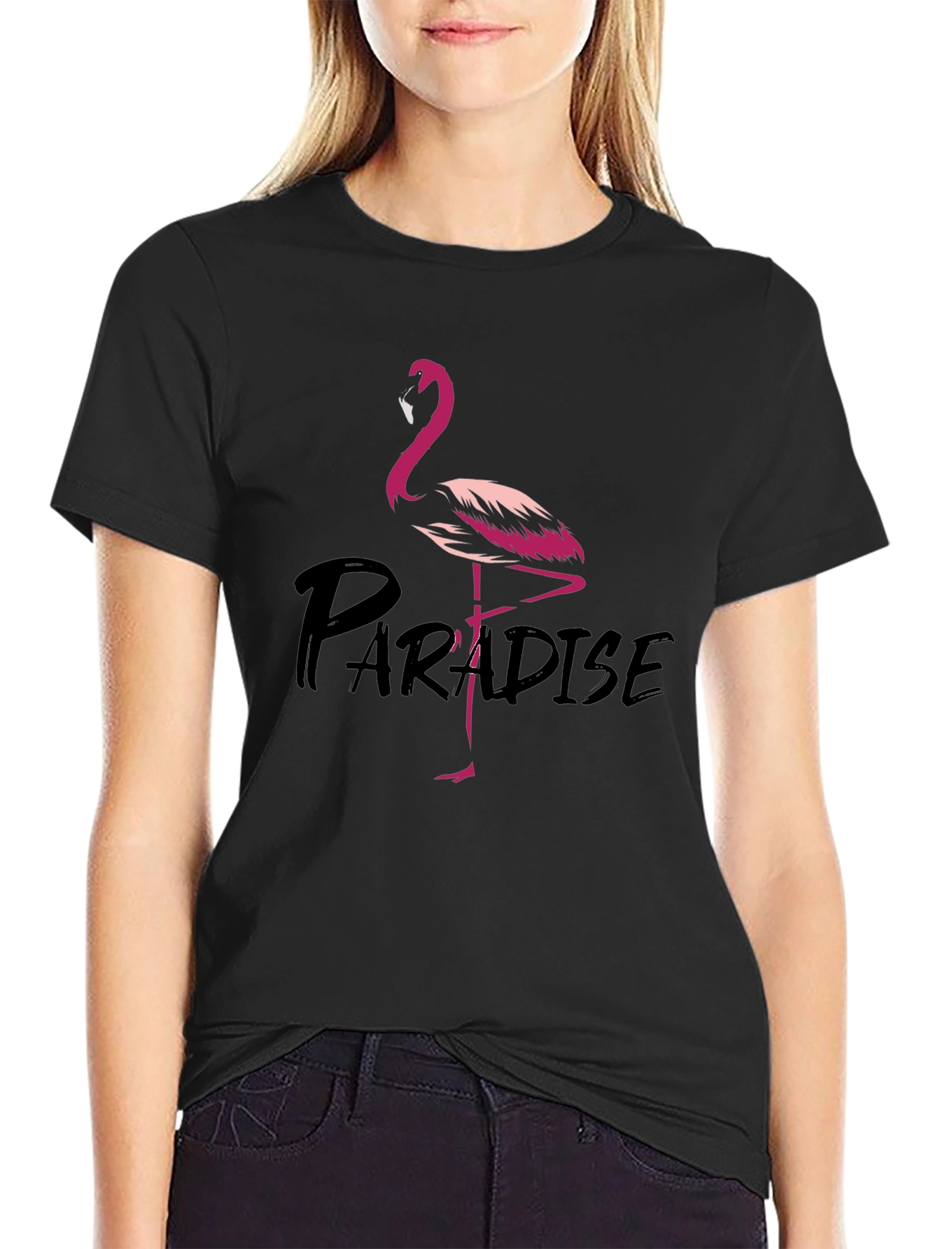 Flamingo Paradise Graphic Tee - Black Cotton T-Shirt
