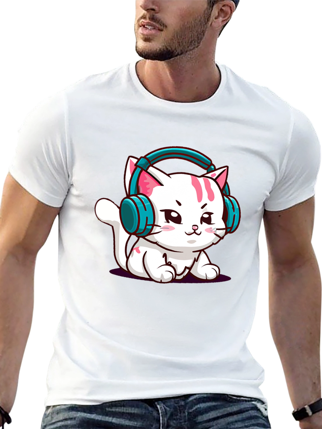 Cute Cat with Headphones Graphic Tee