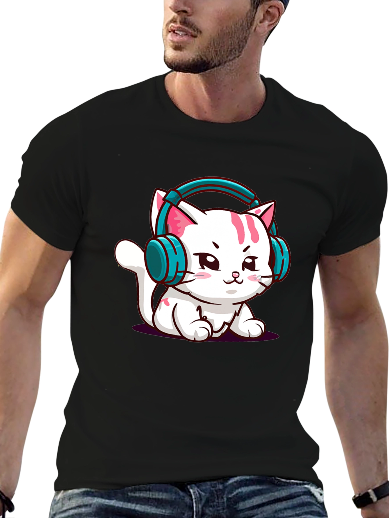 Cute Cat with Headphones Graphic Tee