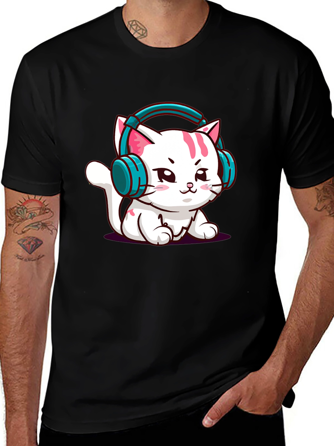 Cute Cat with Headphones Graphic Tee