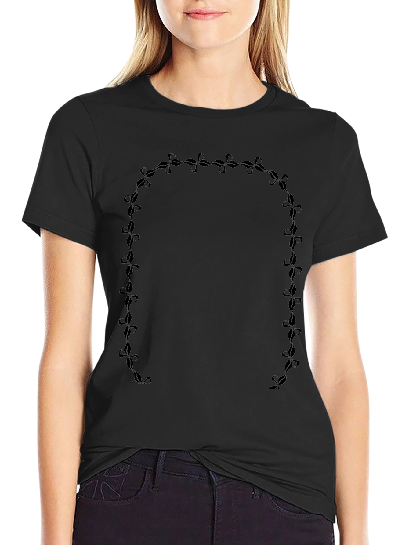 Stylish Black Tee with Floral U-Shaped Design
