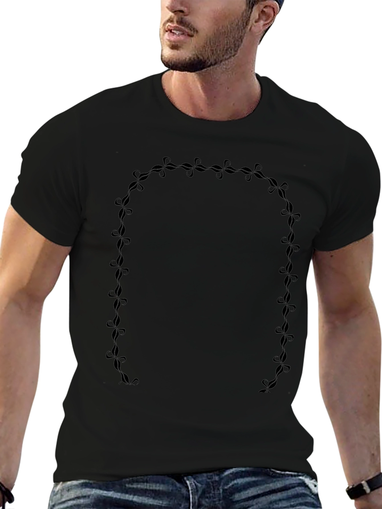 Stylish Black Tee with Floral U-Shaped Design