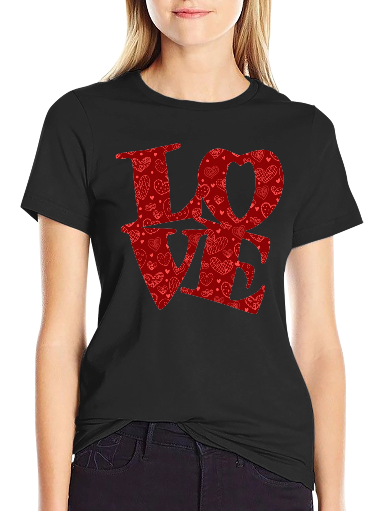 Love Heart Pattern Graphic Tee - Black