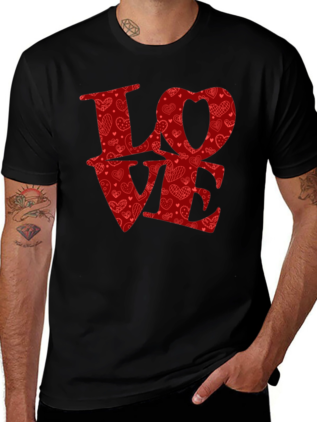 Love Heart Pattern Graphic Tee - Black