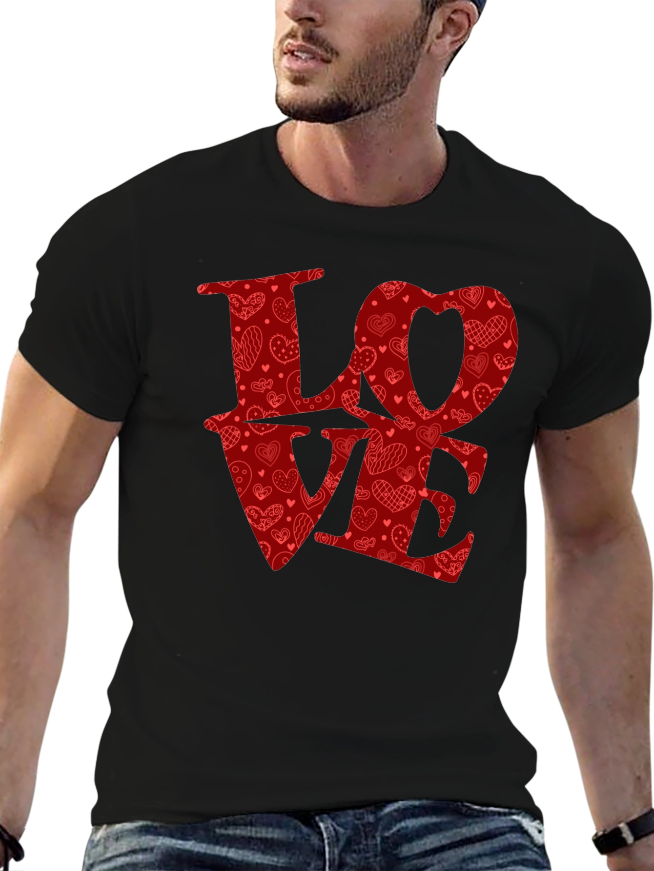 Love Heart Pattern Graphic Tee - Black