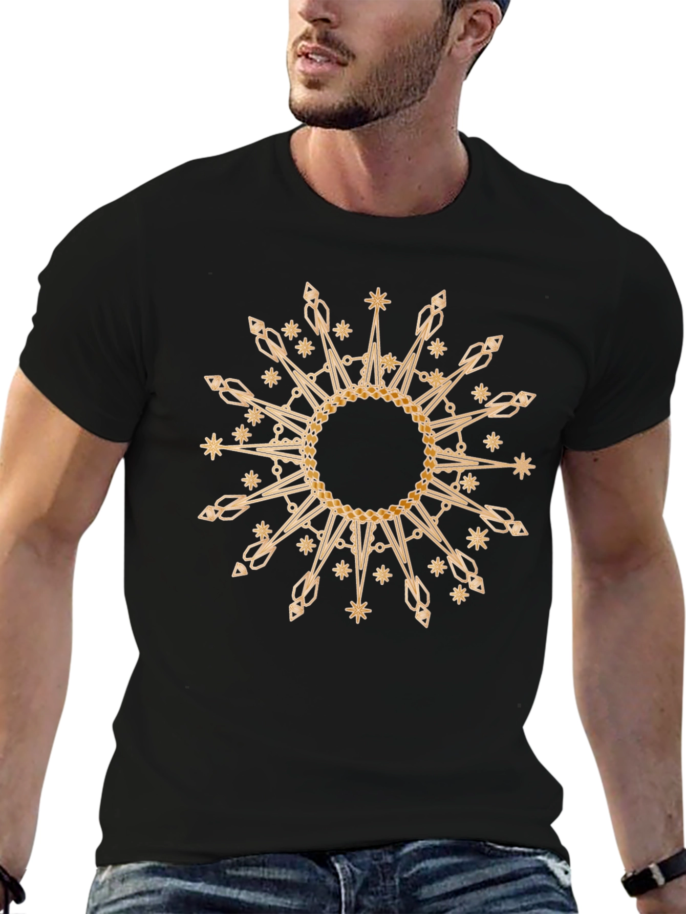 Gold Snowflake Graphic Black T-Shirt