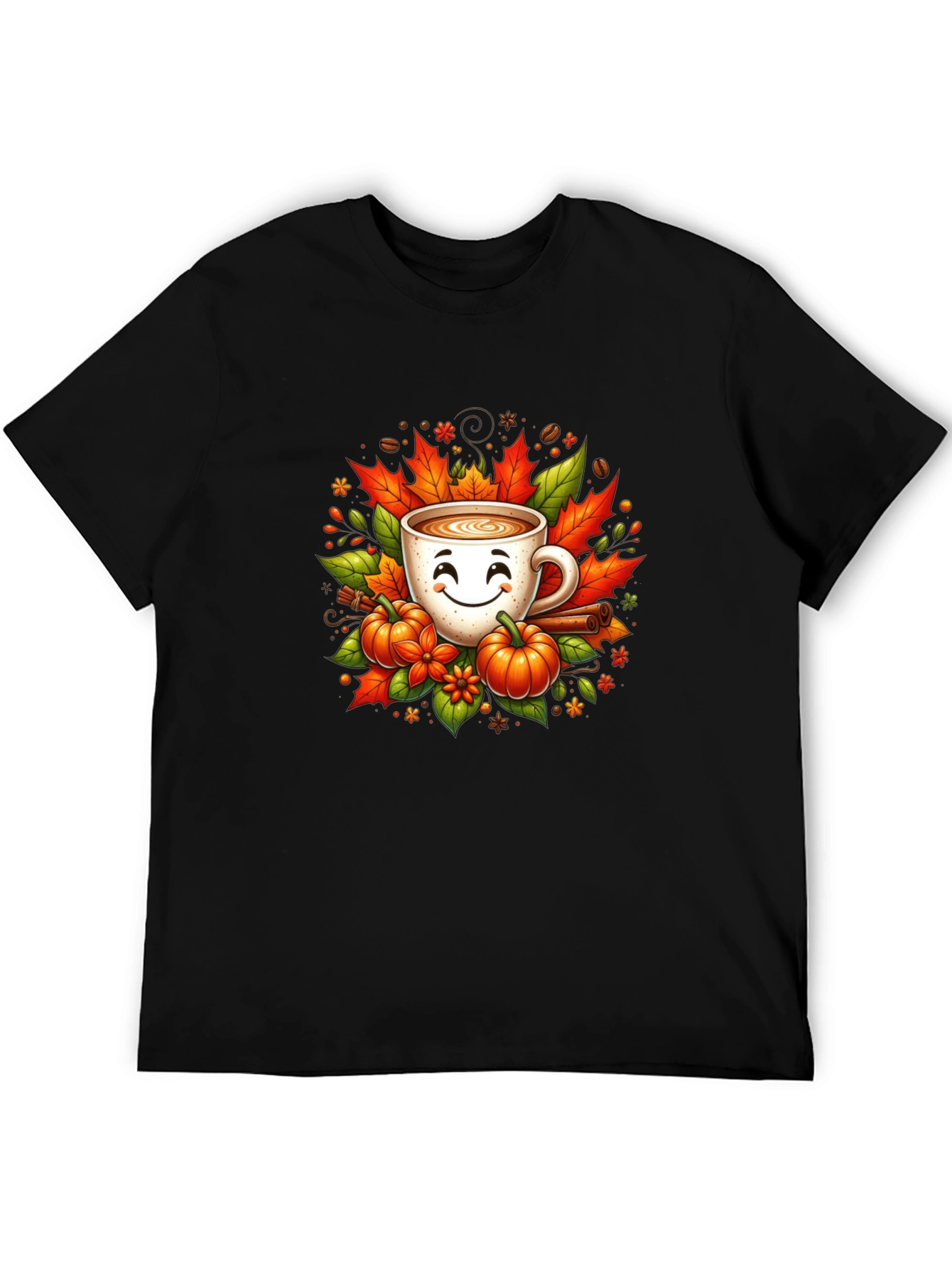 Fall Coffee T-Shirt with Pumpkins and Leaves
