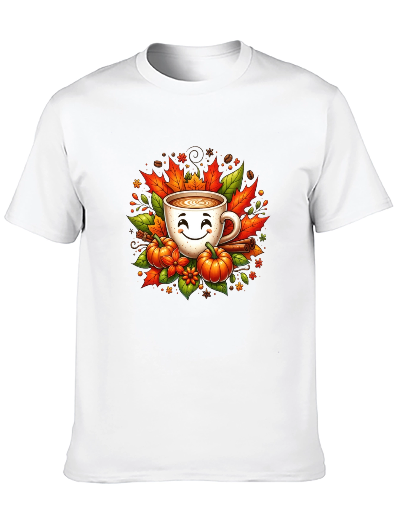 Fall Coffee T-Shirt with Pumpkins and Leaves