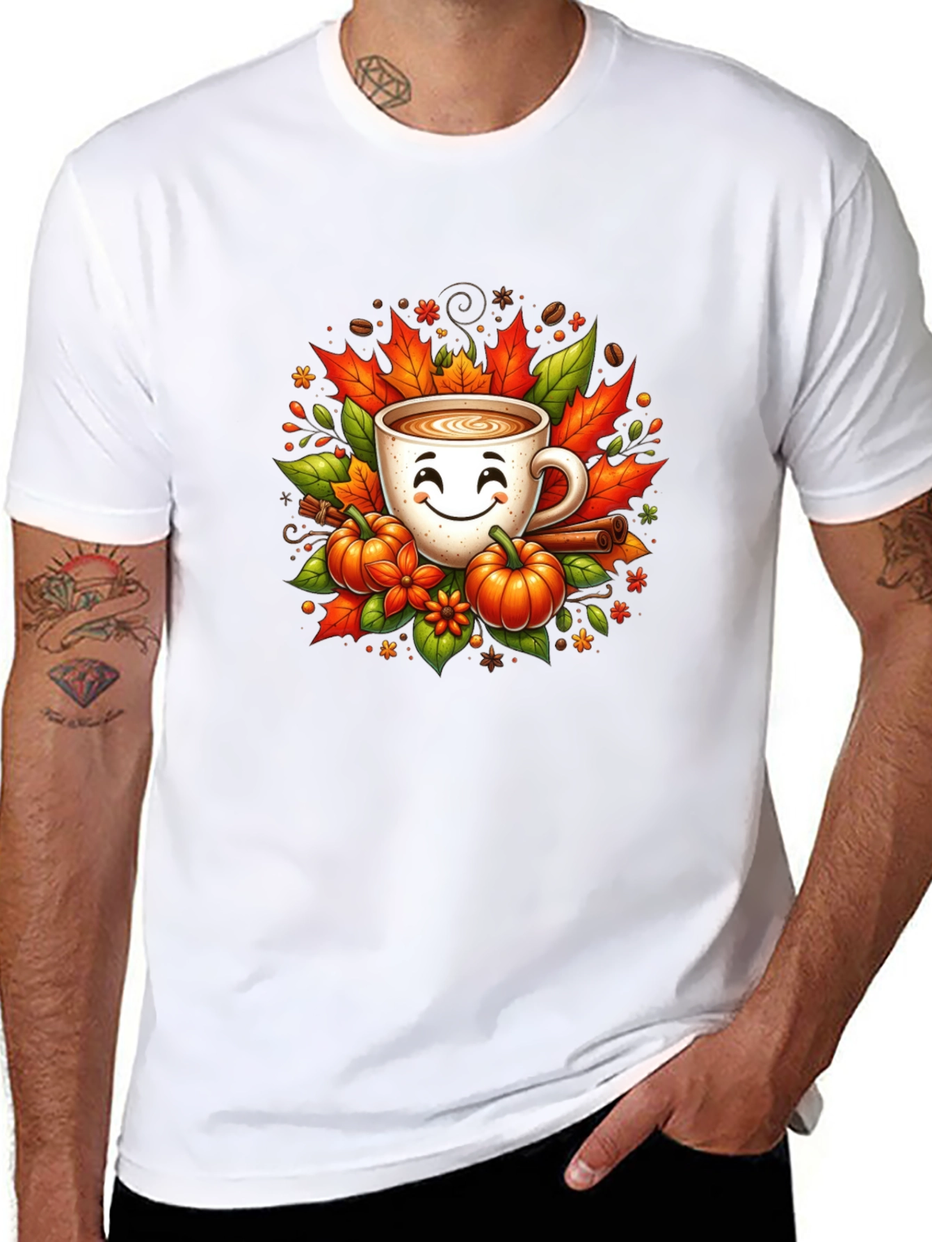 Fall Coffee T-Shirt with Pumpkins and Leaves
