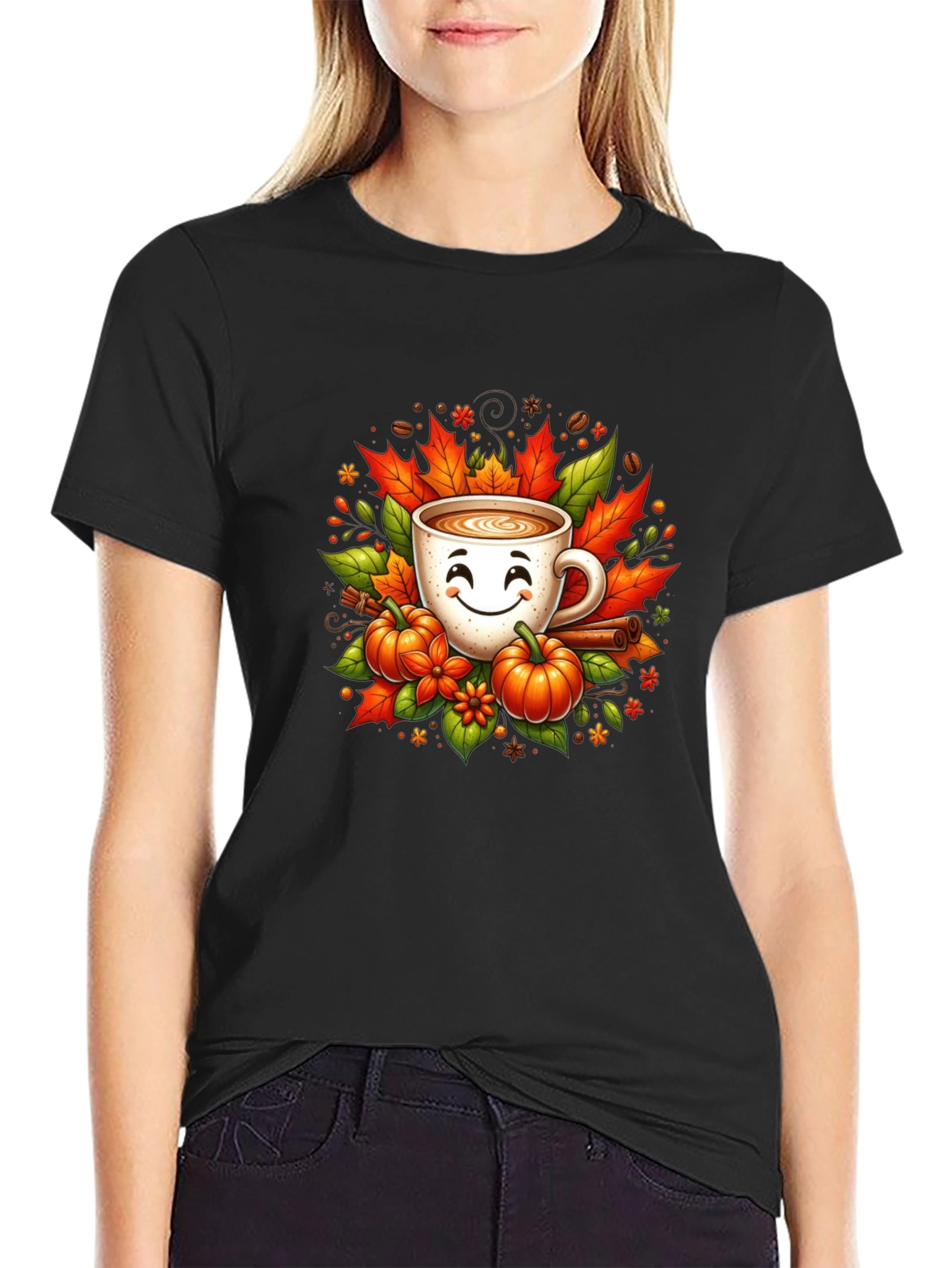 Fall Coffee T-Shirt with Pumpkins and Leaves