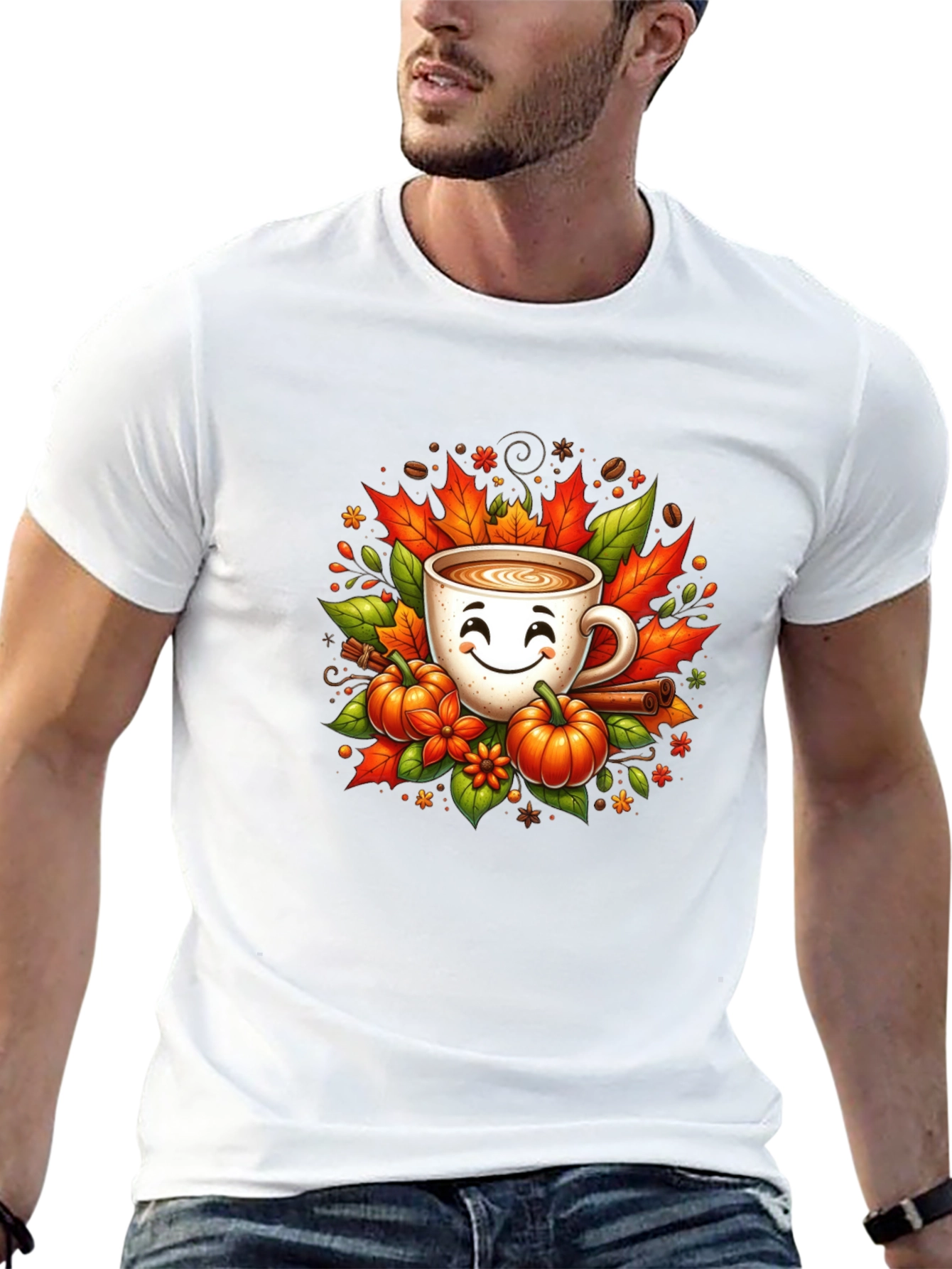 Fall Coffee T-Shirt with Pumpkins and Leaves