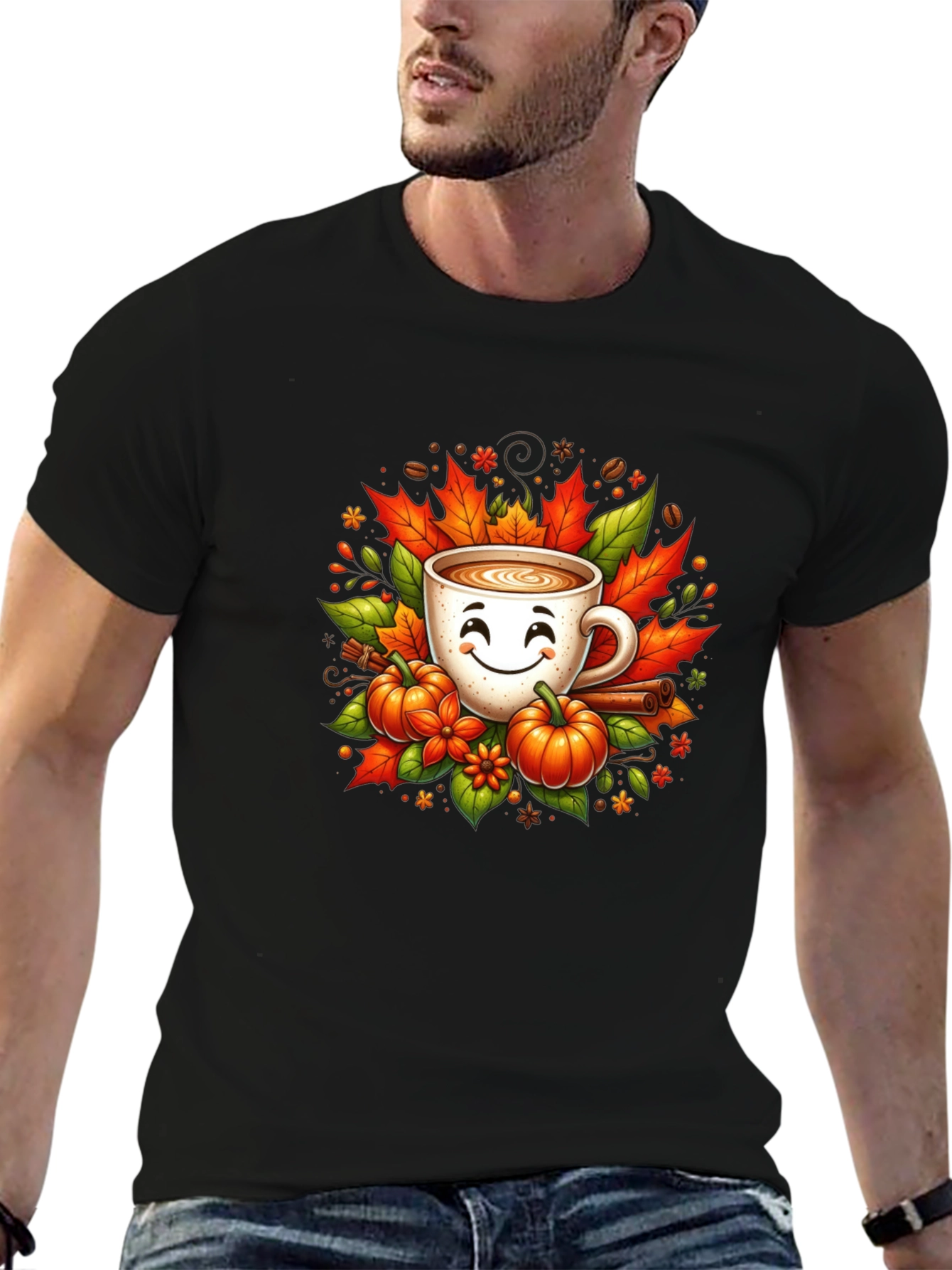 Fall Coffee T-Shirt with Pumpkins and Leaves