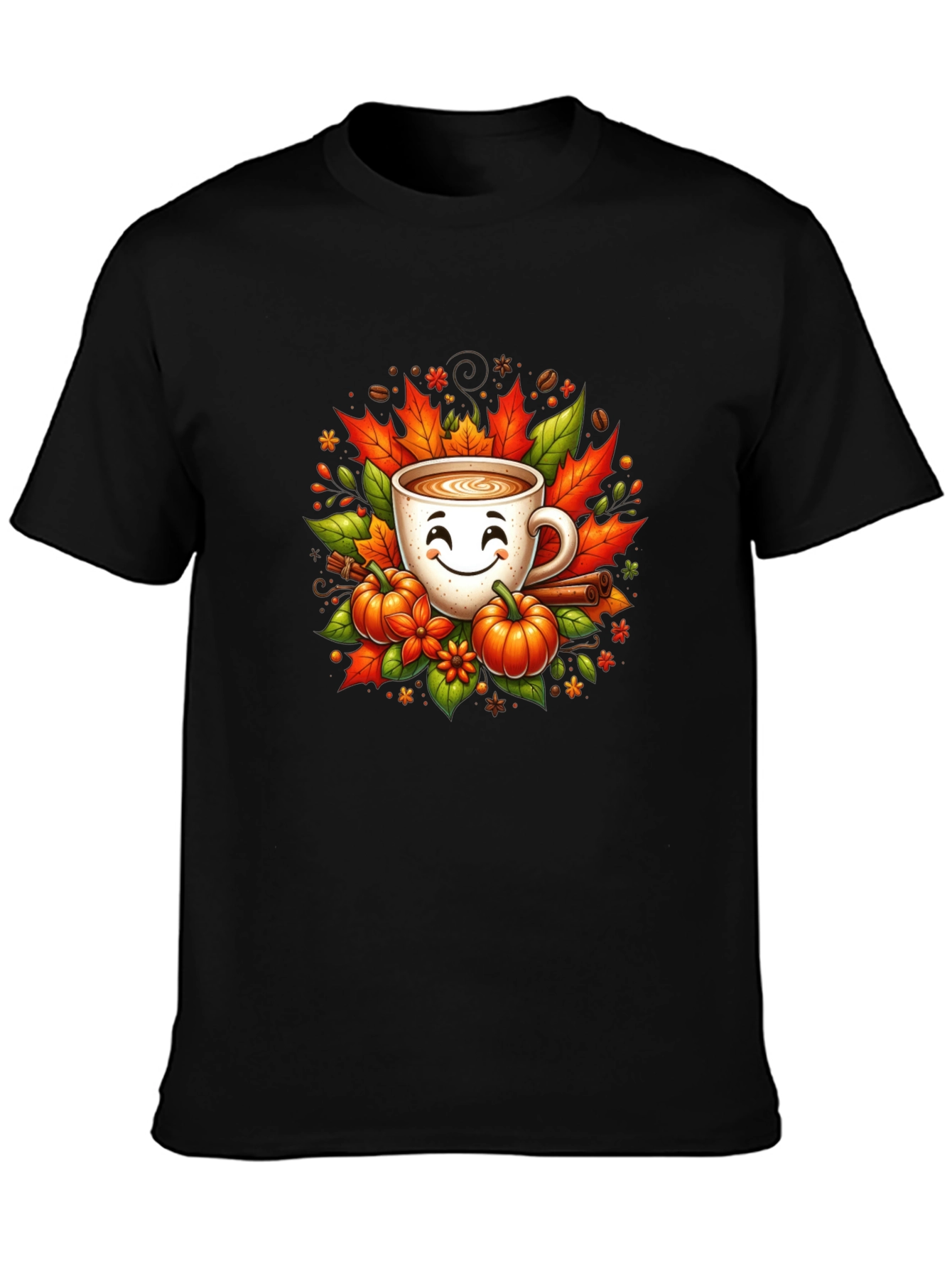 Fall Coffee T-Shirt with Pumpkins and Leaves
