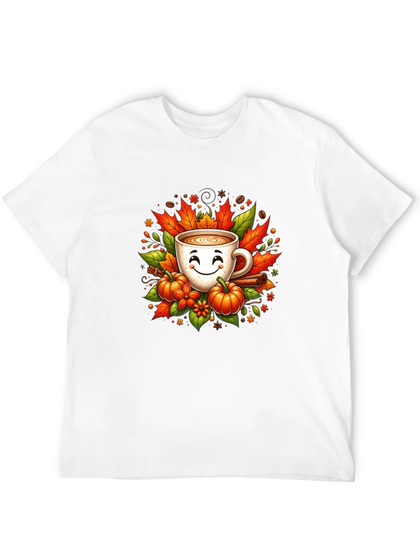 Fall Coffee T-Shirt with Pumpkins and Leaves
