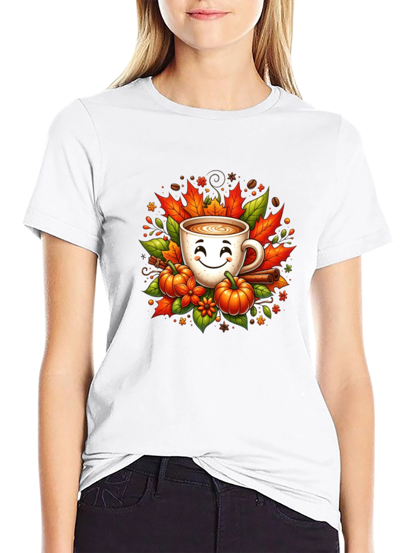 Fall Coffee T-Shirt with Pumpkins and Leaves