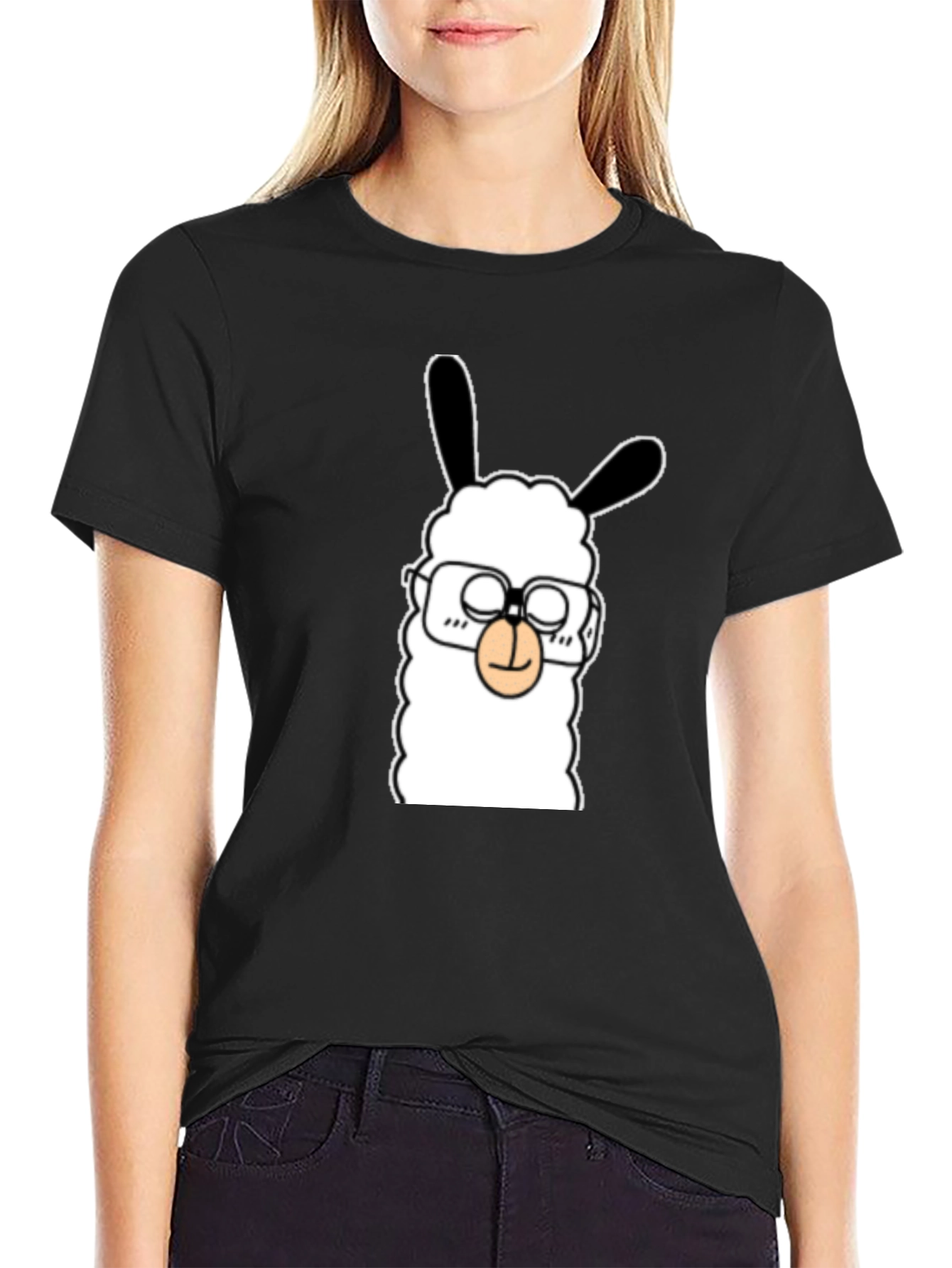 Llama with Glasses Graphic Tee - Black Cotton T-Shirt