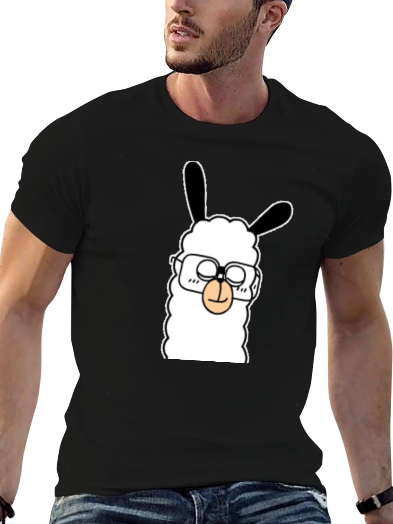 Llama with Glasses Graphic Tee - Black Cotton T-Shirt