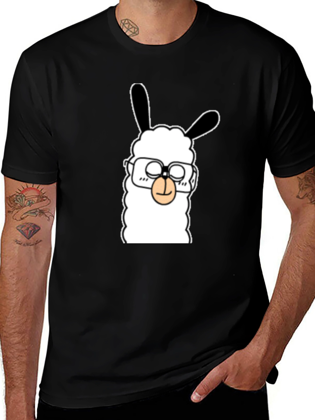 Llama with Glasses Graphic Tee - Black Cotton T-Shirt