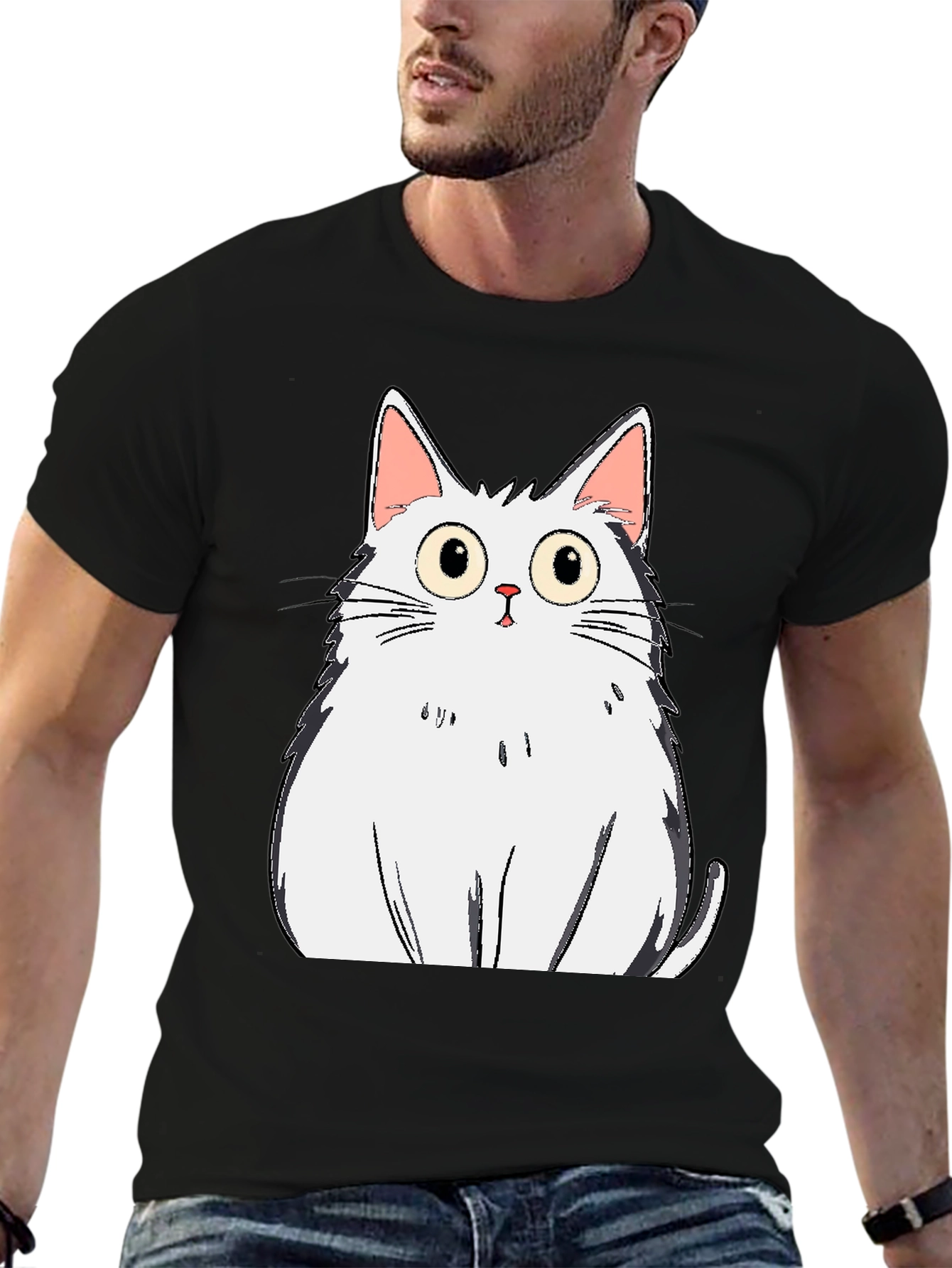 Cartoon Cat Graphic Tee - Black