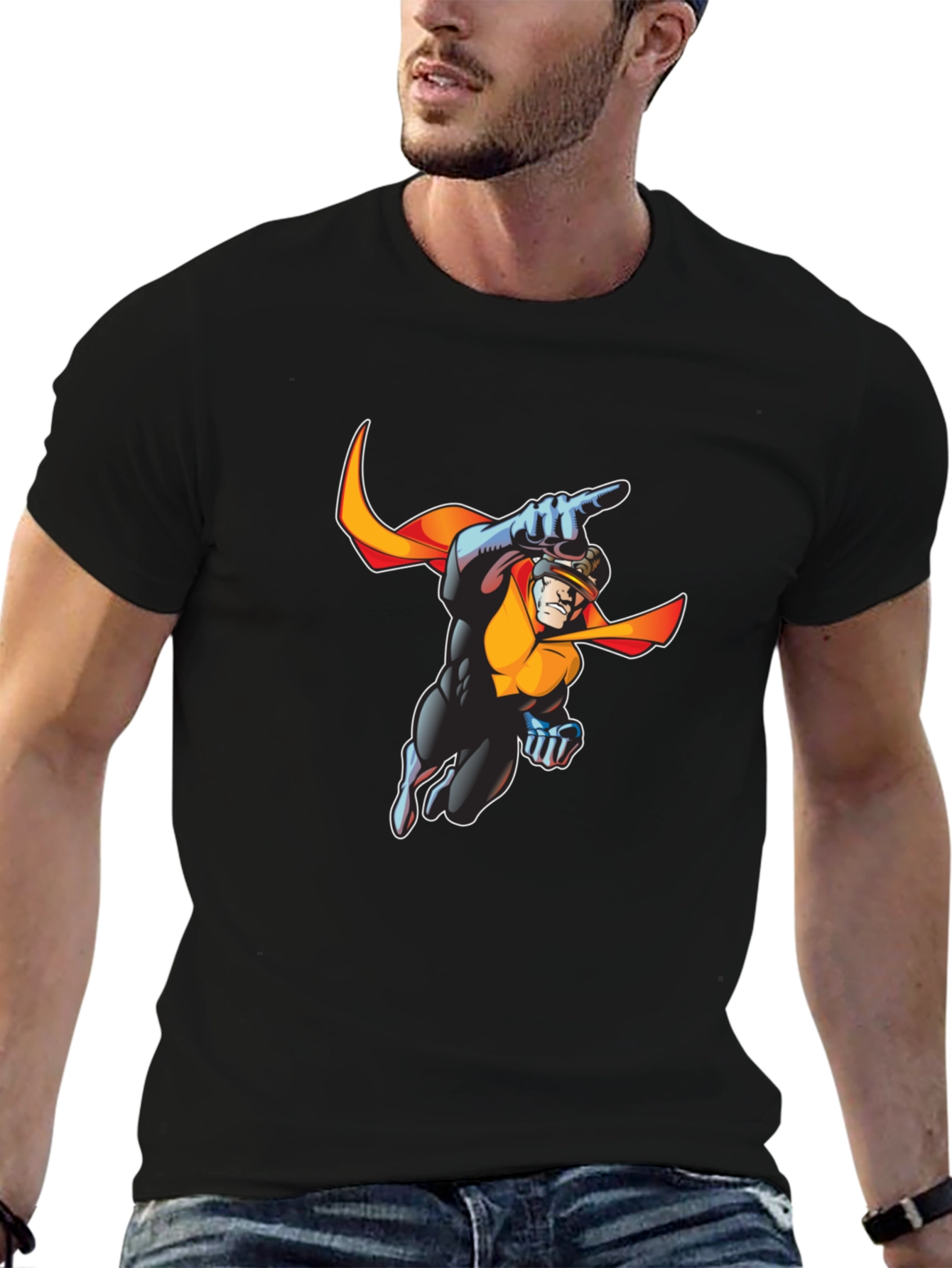 Retro Superhero Graphic Tee - Black Cotton T-Shirt