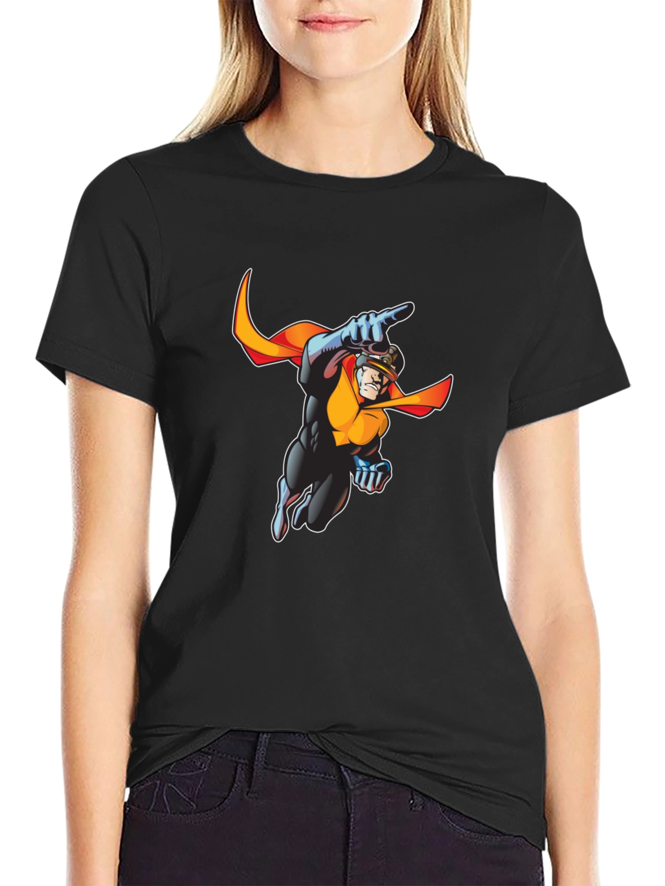 Retro Superhero Graphic Tee - Black Cotton T-Shirt