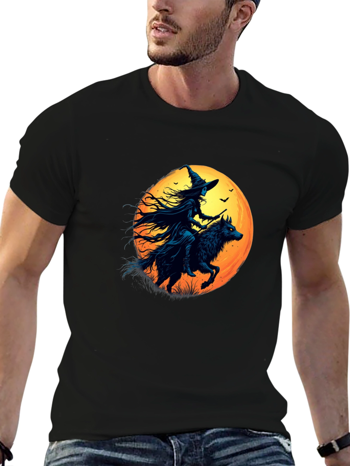 Witch Riding Wolf Graphic Tee - Spooky Halloween Shirt