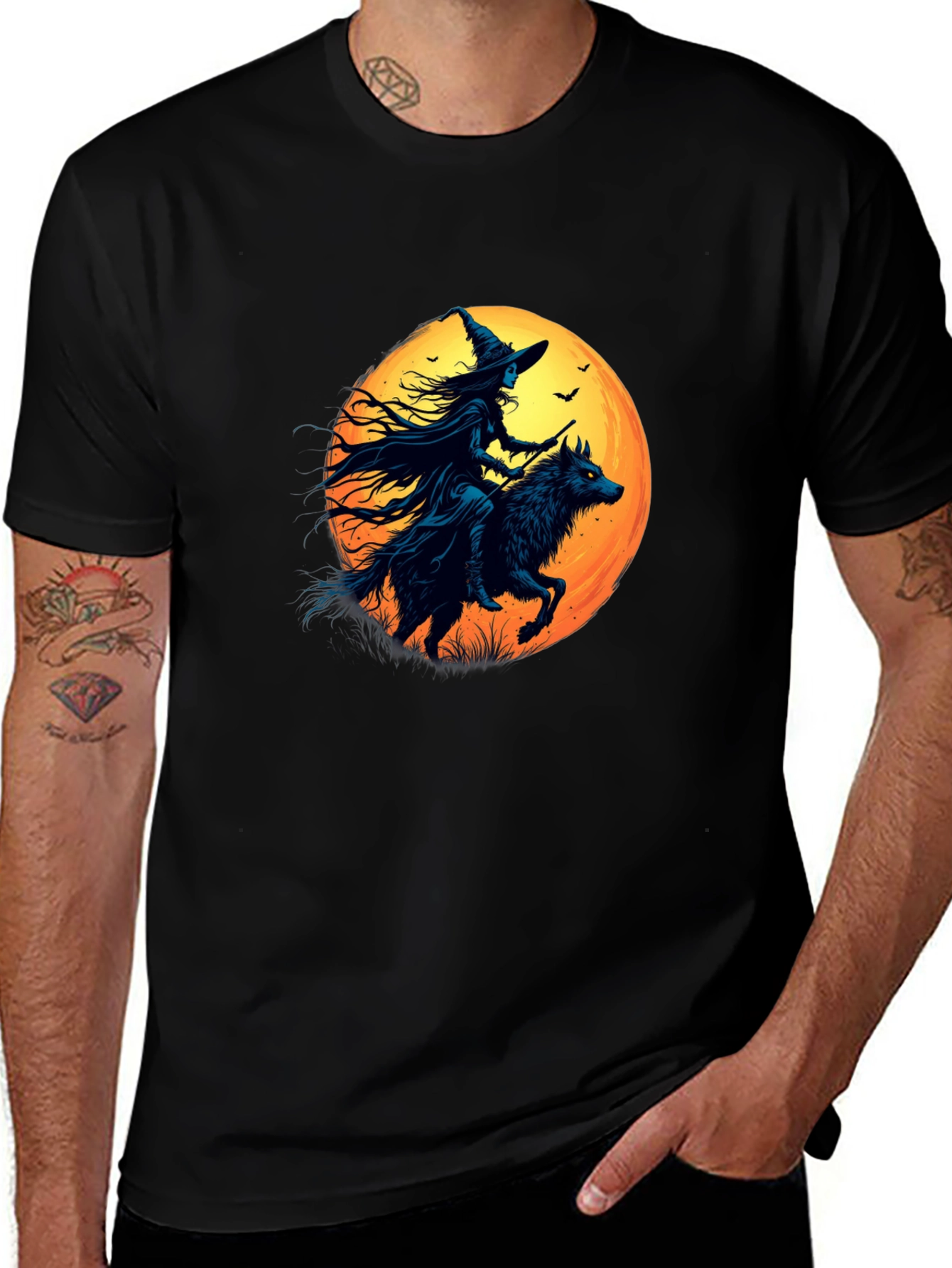 Witch Riding Wolf Graphic Tee - Spooky Halloween Shirt