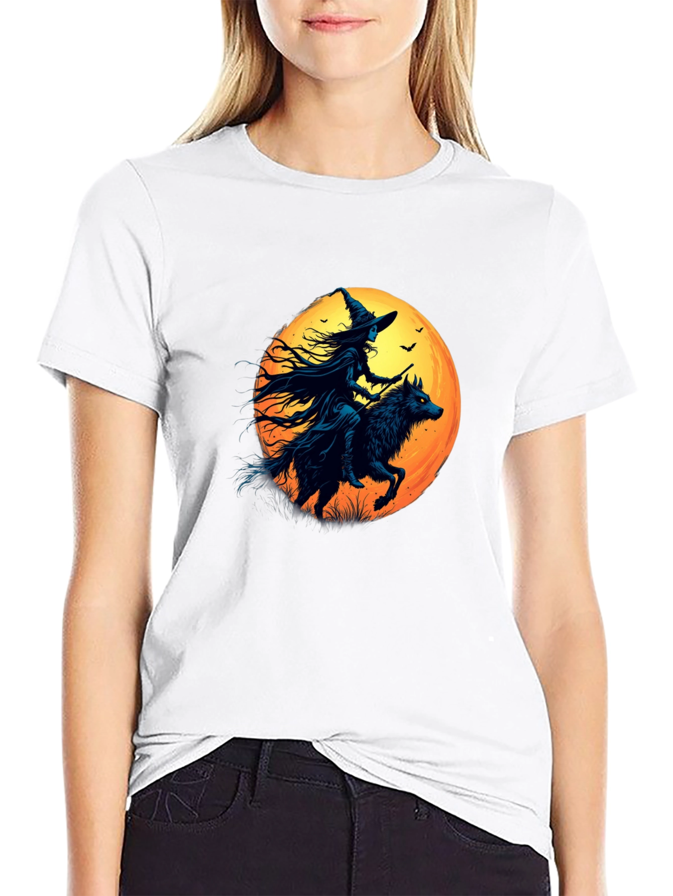 Witch Riding Wolf Graphic Tee - Spooky Halloween Shirt