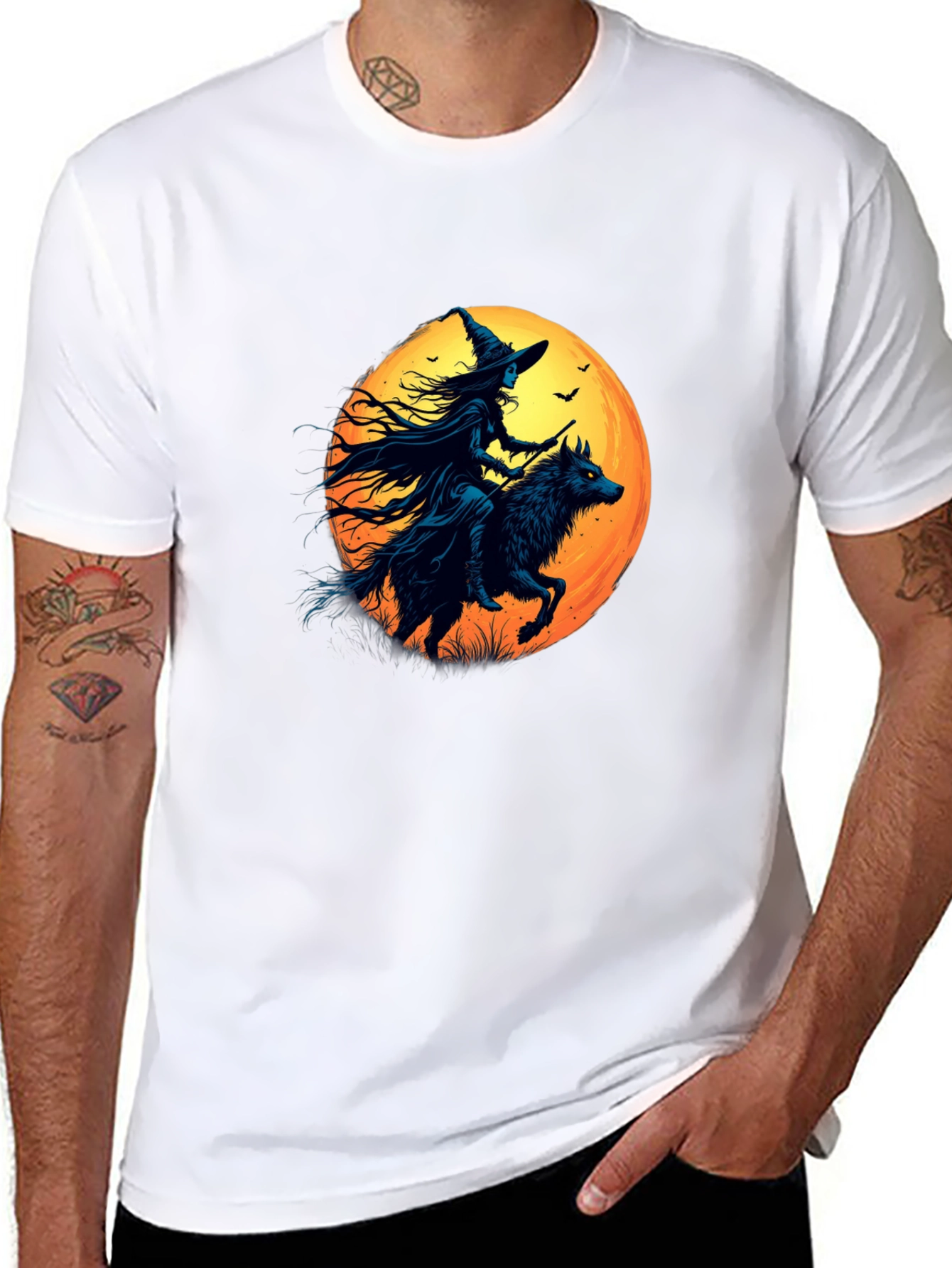 Witch Riding Wolf Graphic Tee - Spooky Halloween Shirt
