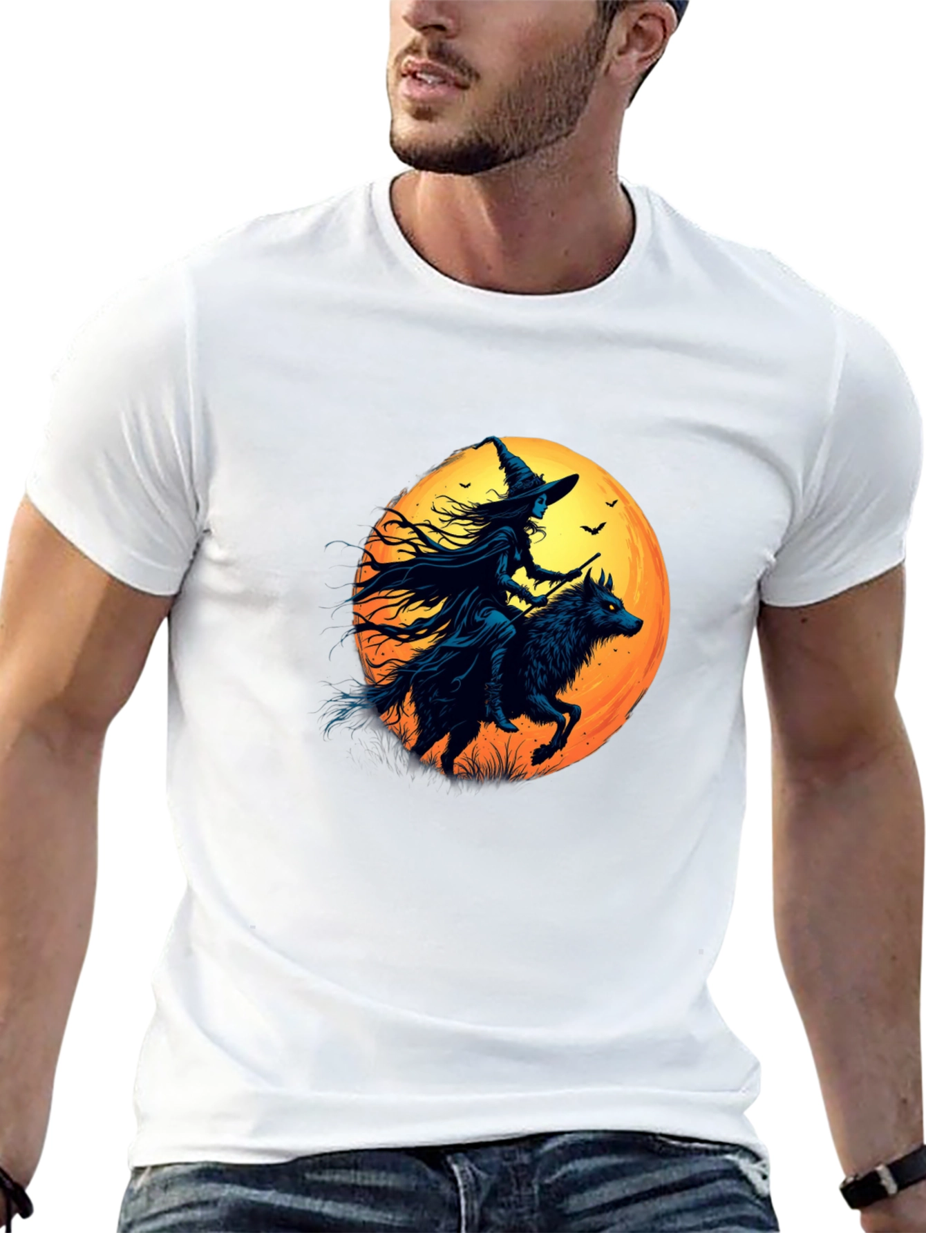 Witch Riding Wolf Graphic Tee - Spooky Halloween Shirt