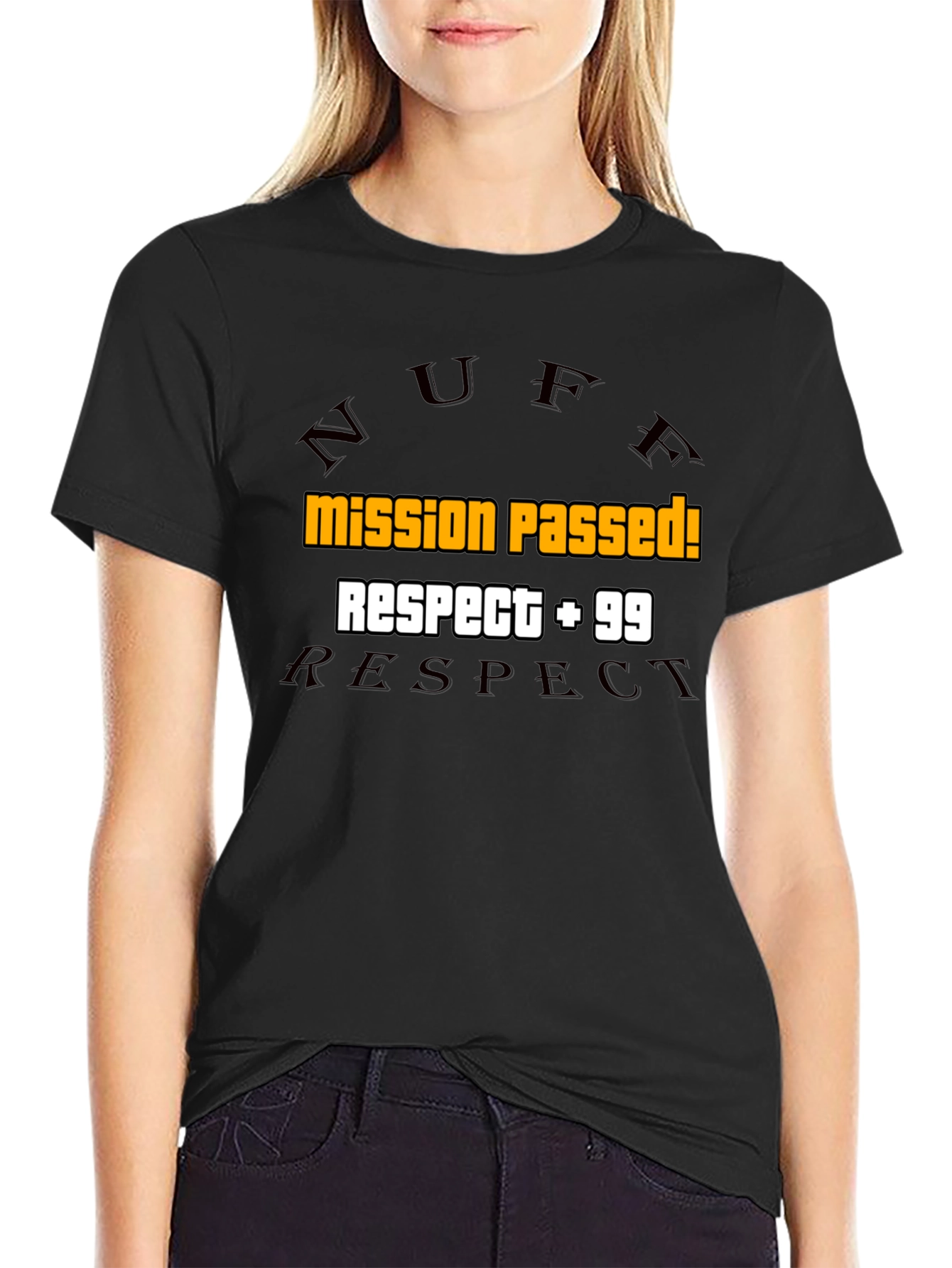Mission Passed! Respect +99 Black Graphic Tee