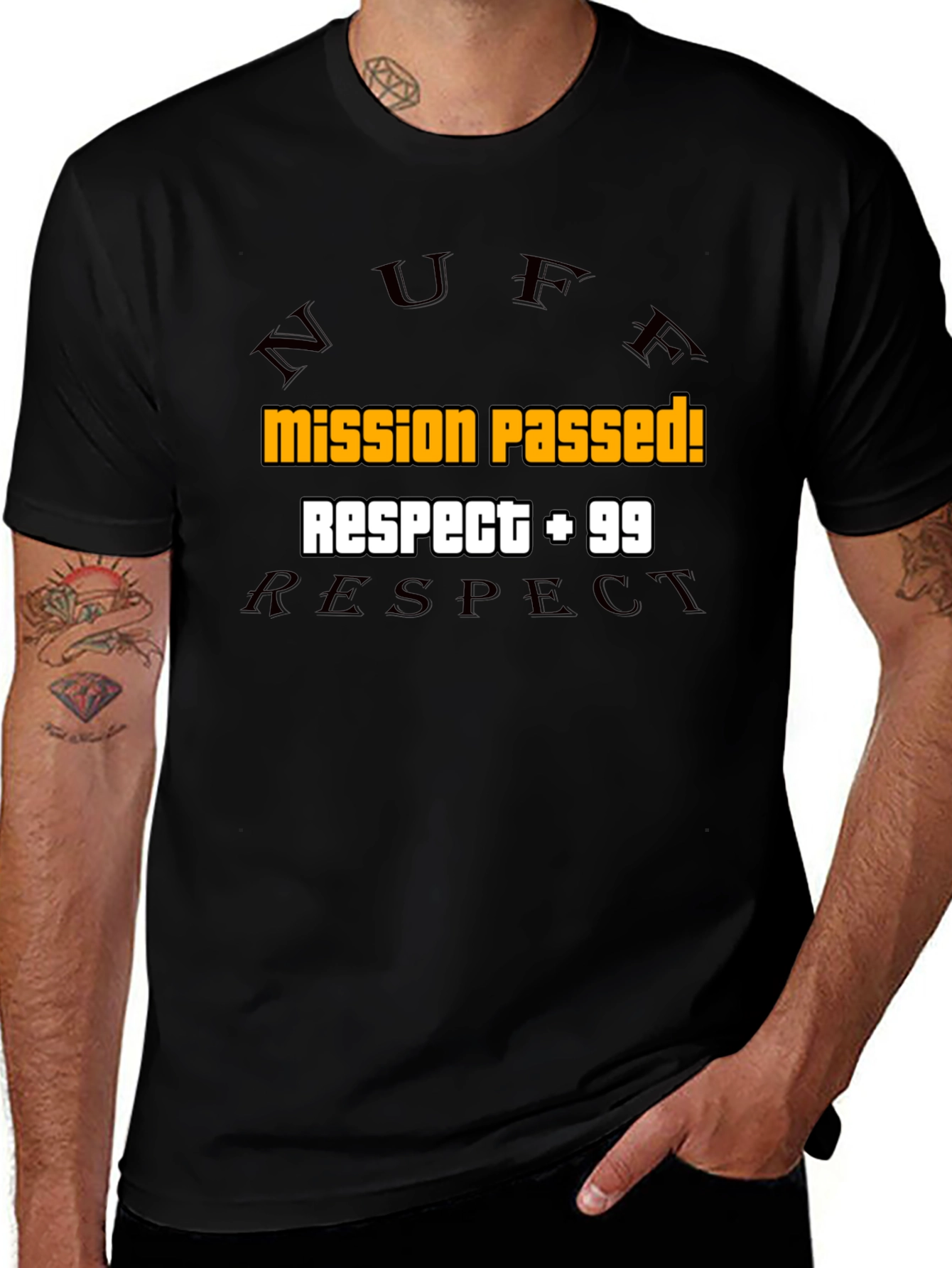 Mission Passed! Respect +99 Black Graphic Tee