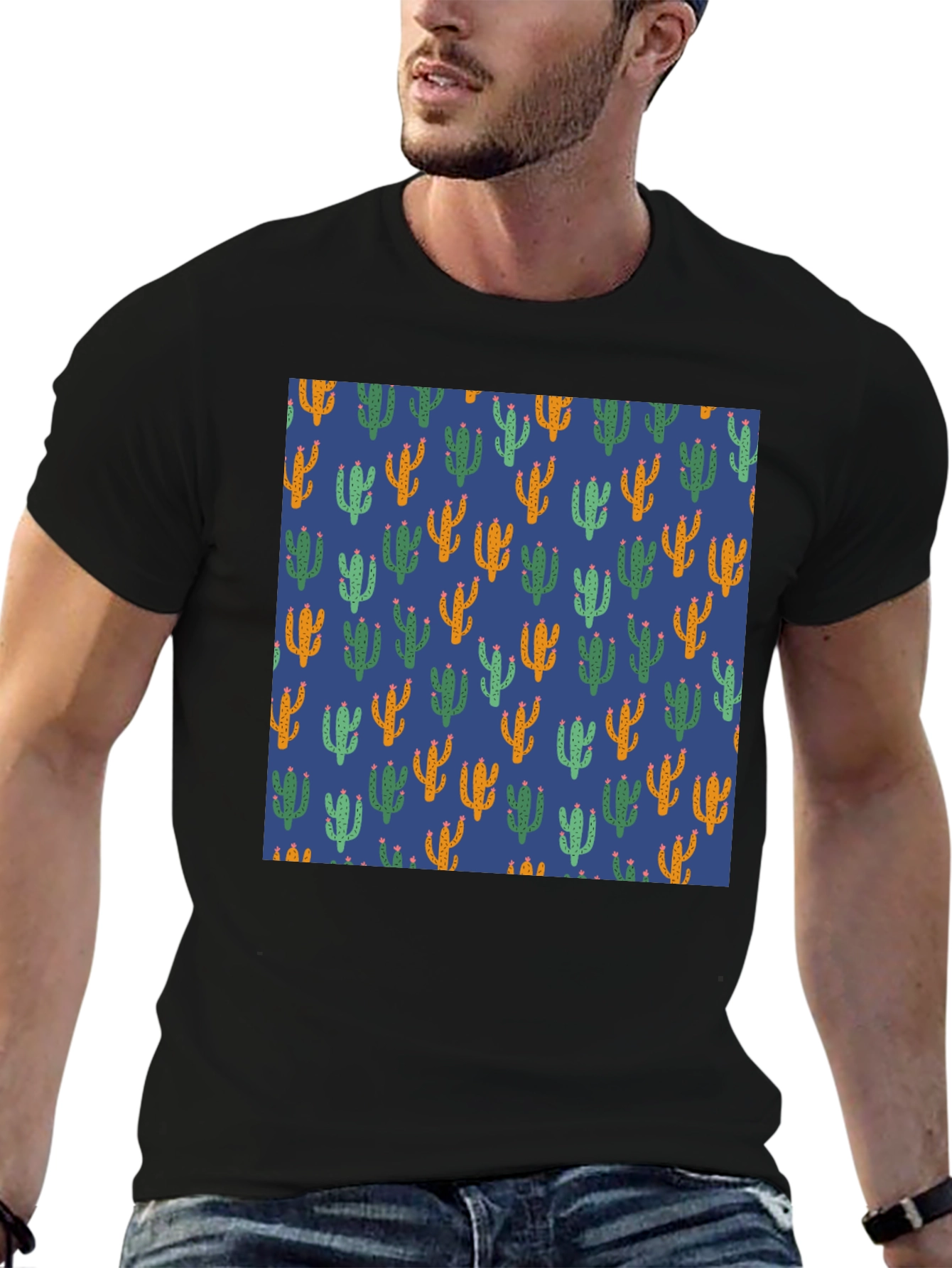 Cactus Print Tee - Stylish Mens Black T-Shirt