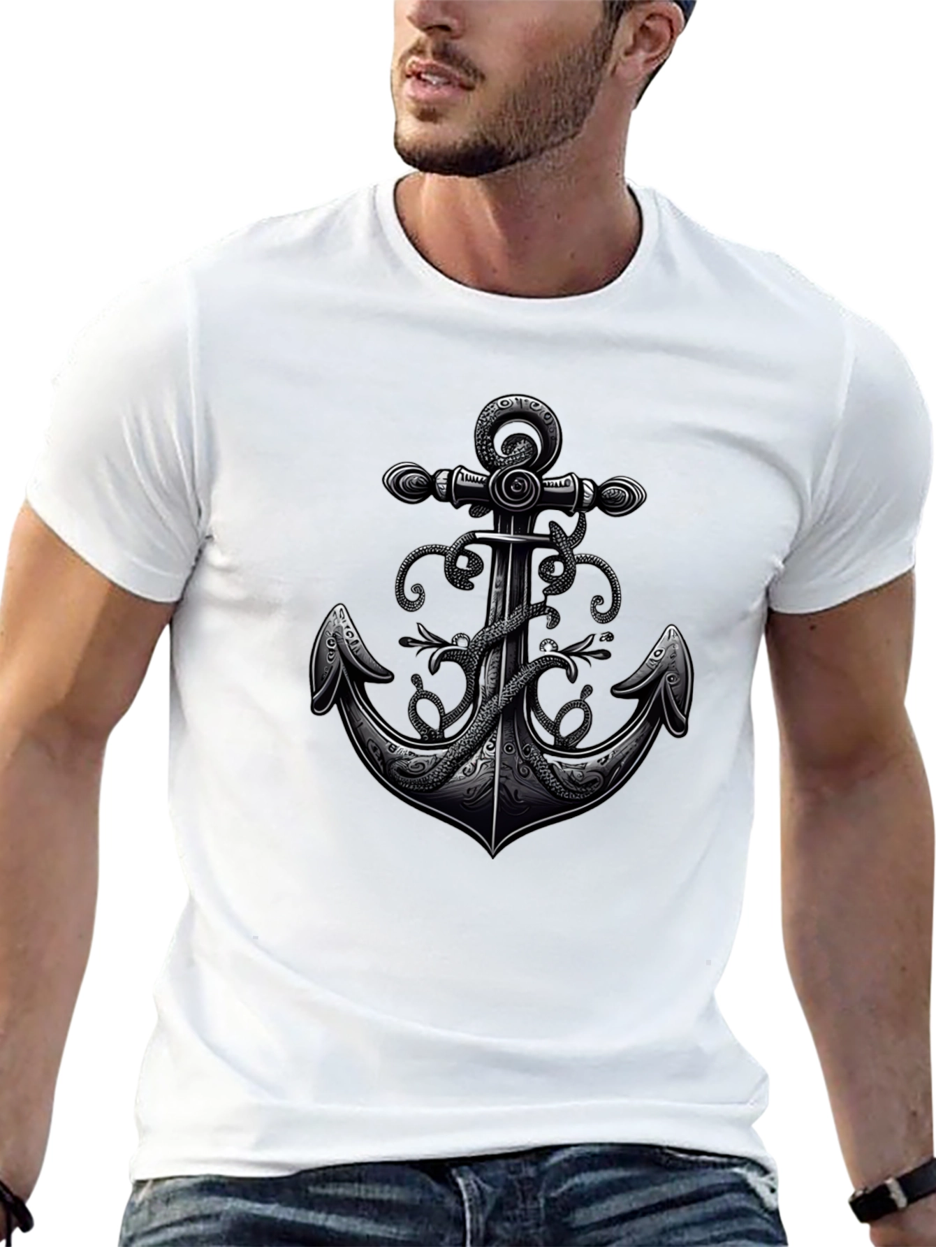 Anchor & Octopus Graphic Tee - Black Cotton