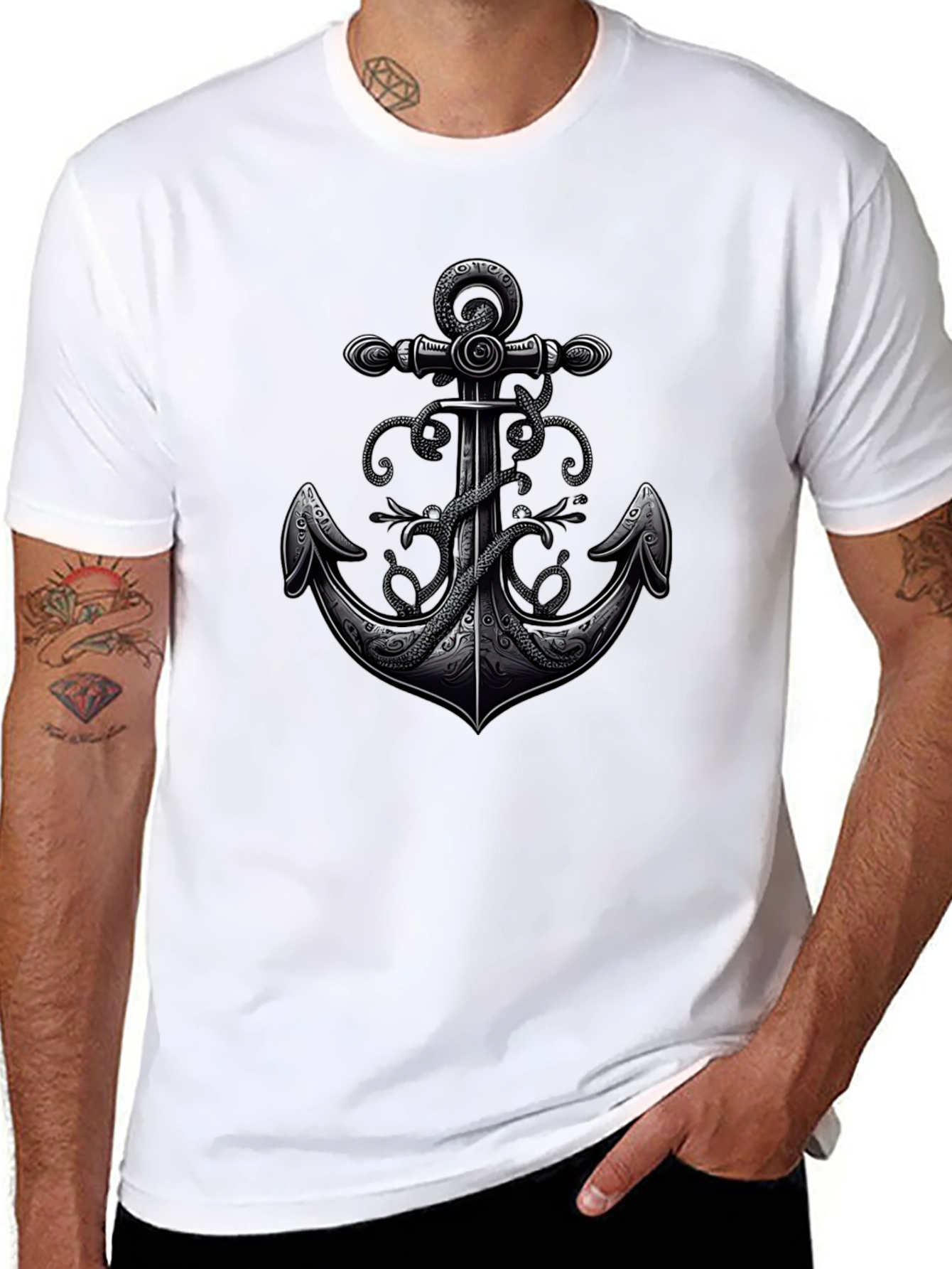 Anchor & Octopus Graphic Tee - Black Cotton