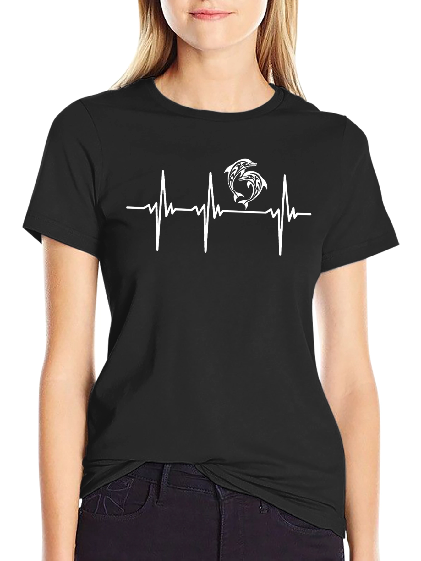 Dolphin Heartbeat T-Shirt - Black Graphic Tee