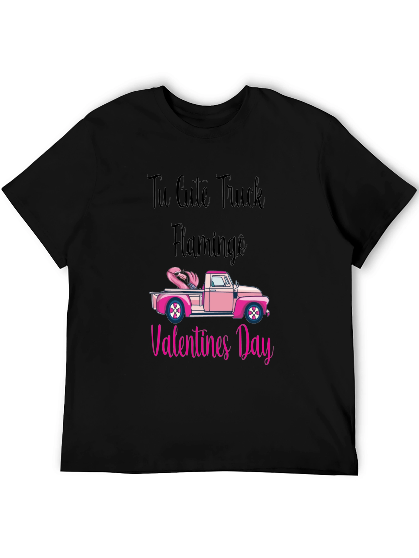 Cute Truck Flamingo Valentines Day Black T-Shirt