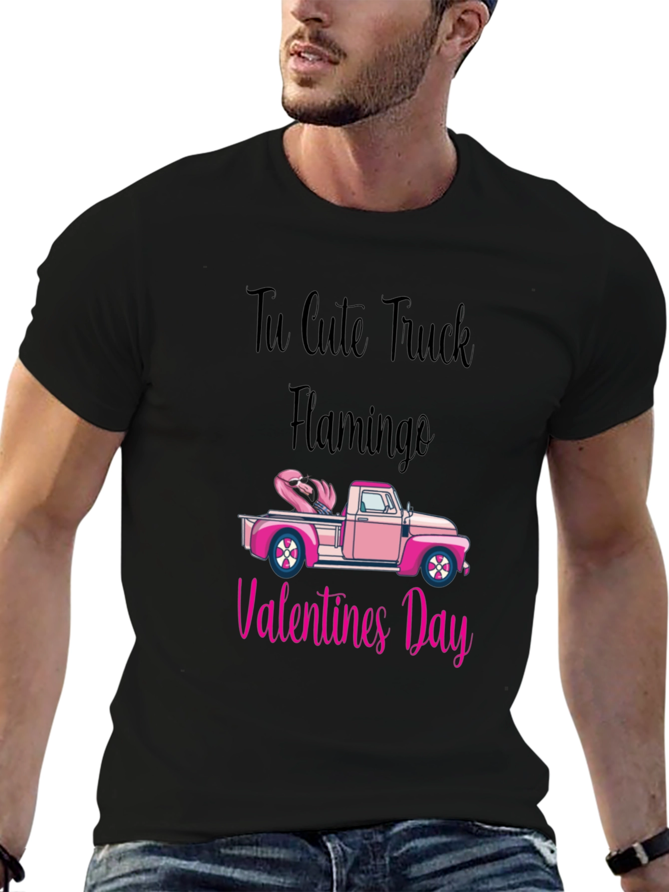 Cute Truck Flamingo Valentines Day Black T-Shirt