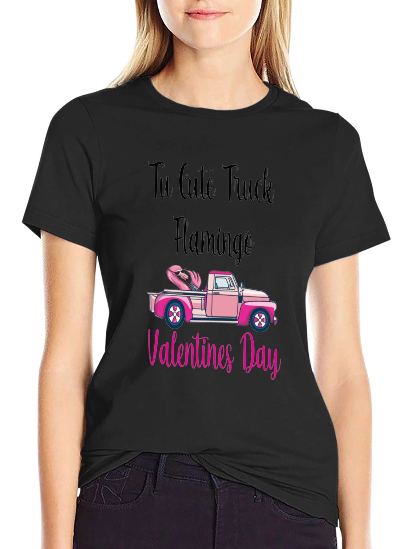 Cute Truck Flamingo Valentines Day Black T-Shirt