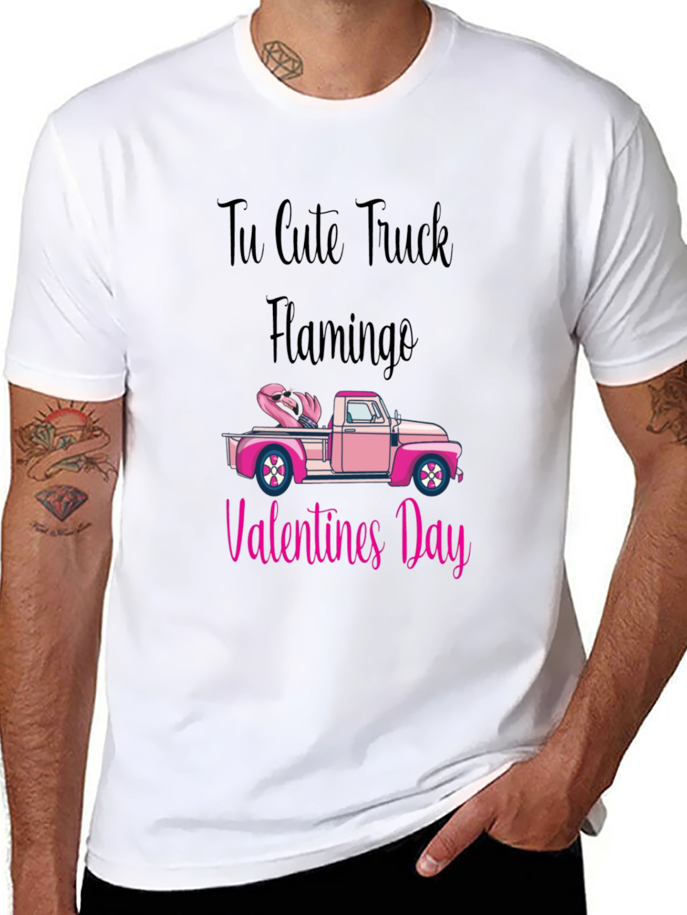 Cute Truck Flamingo Valentines Day Black T-Shirt