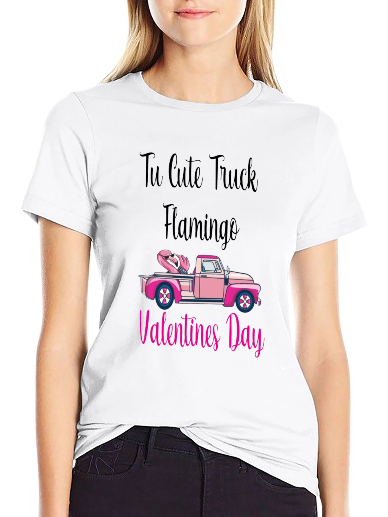 Cute Truck Flamingo Valentines Day Black T-Shirt