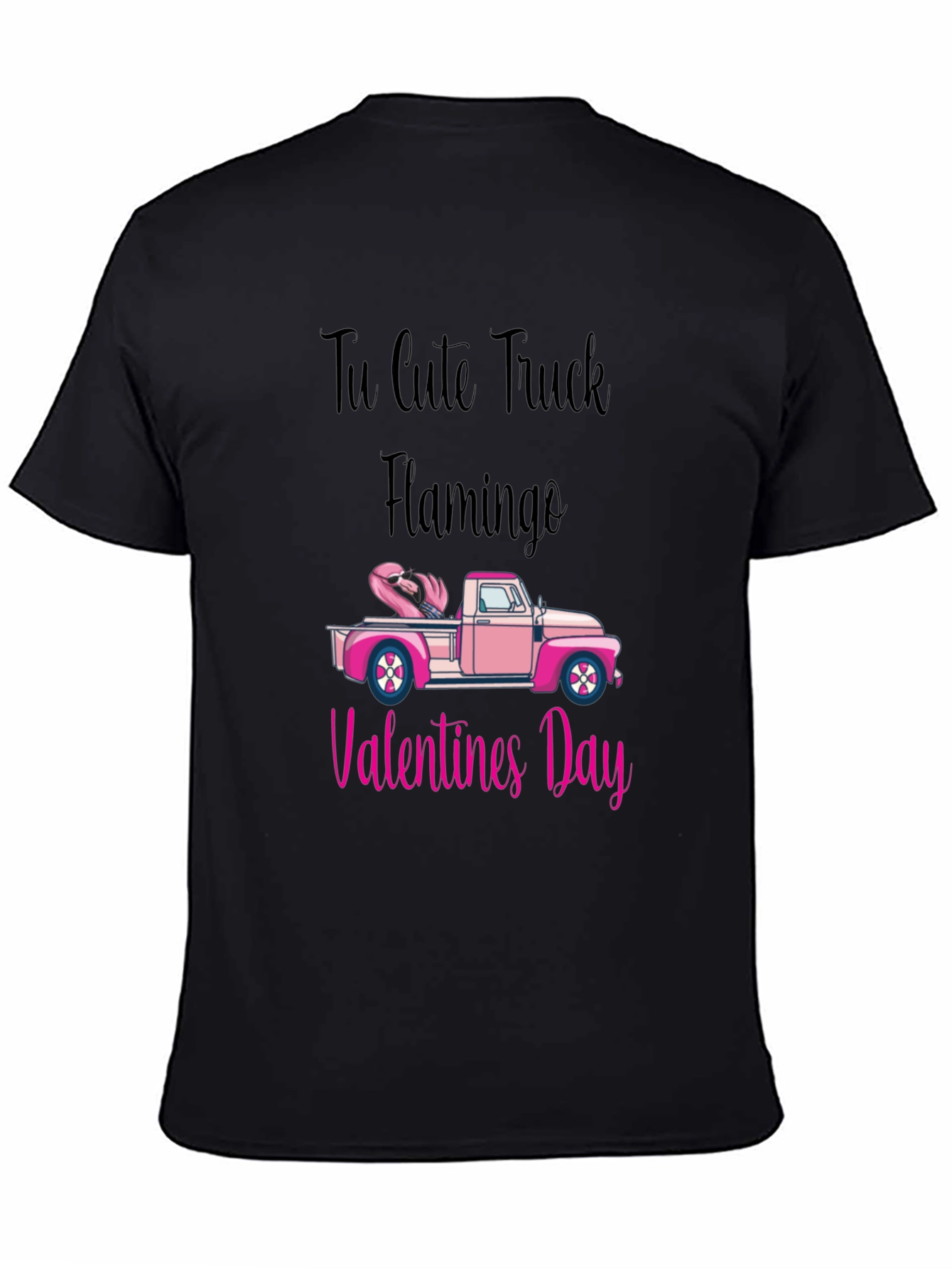 Cute Truck Flamingo Valentines Day Black T-Shirt