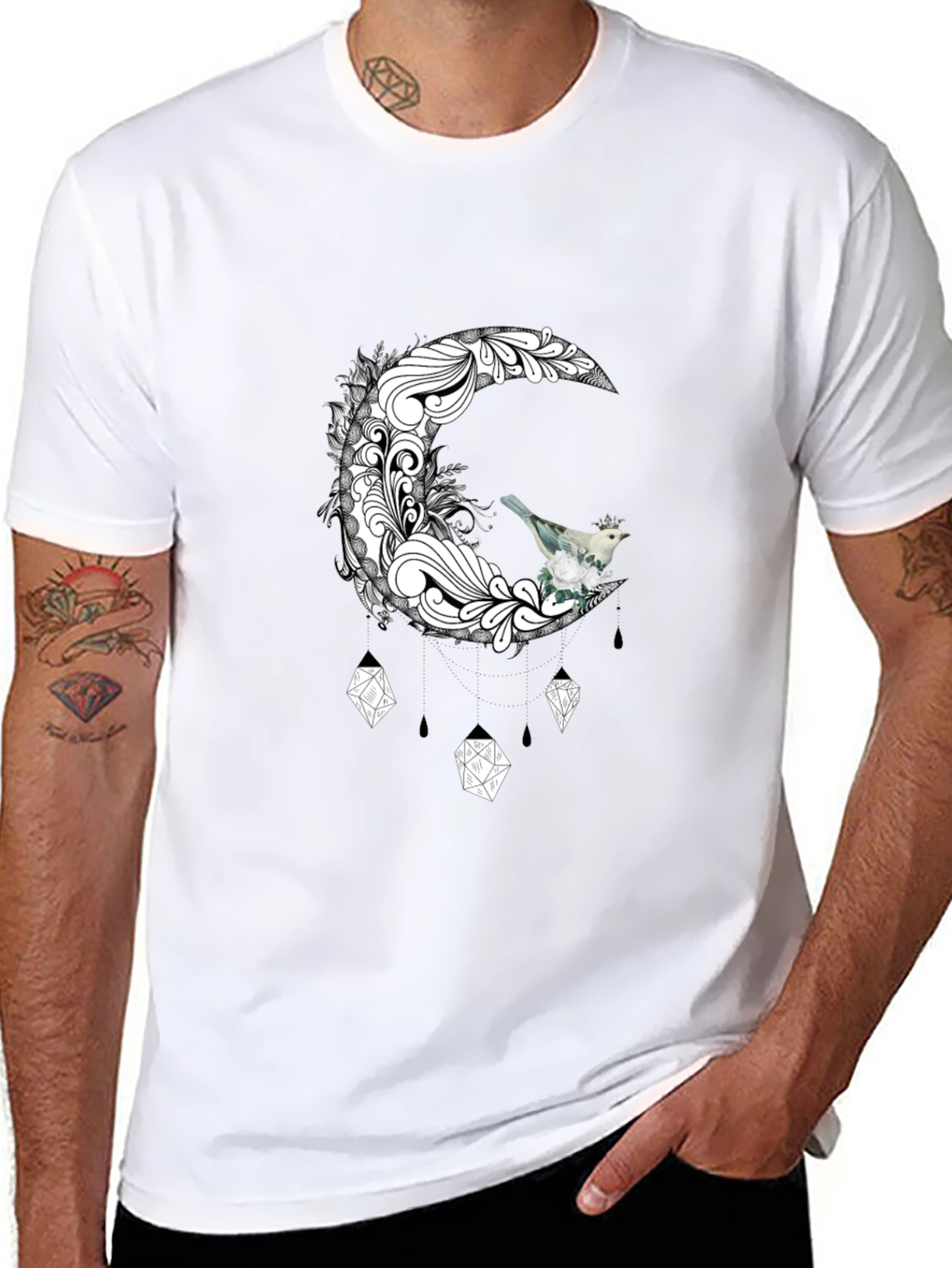 Black T-Shirt with Moon and Bird Graphic