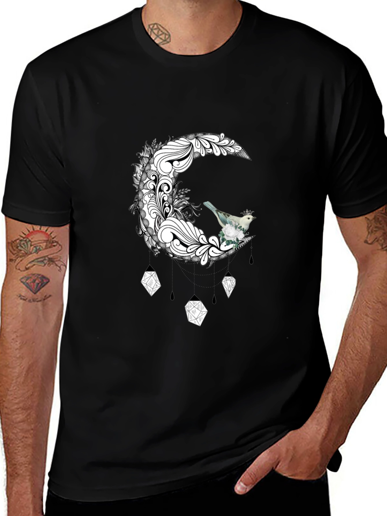 Black T-Shirt with Moon and Bird Graphic