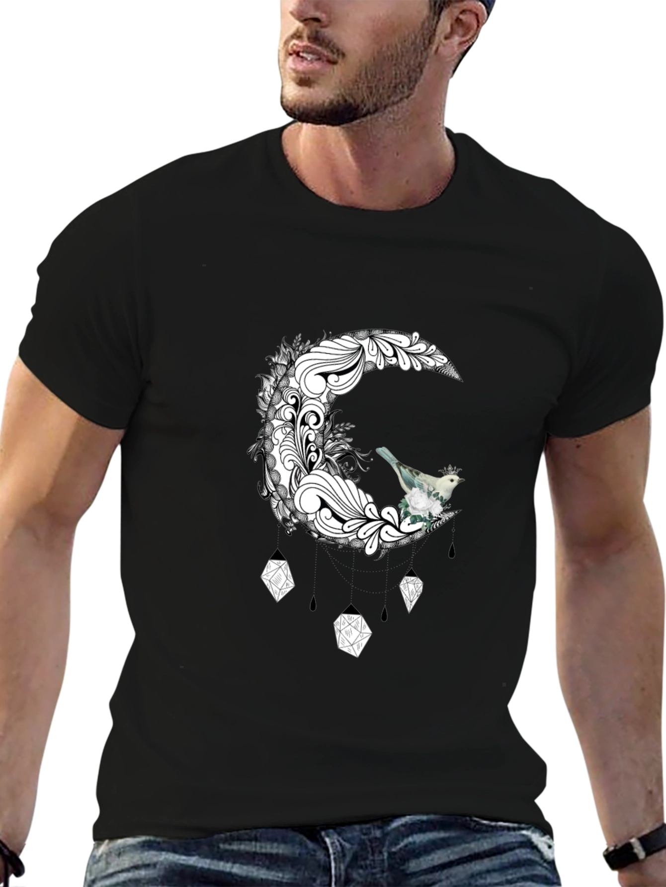 Black T-Shirt with Moon and Bird Graphic