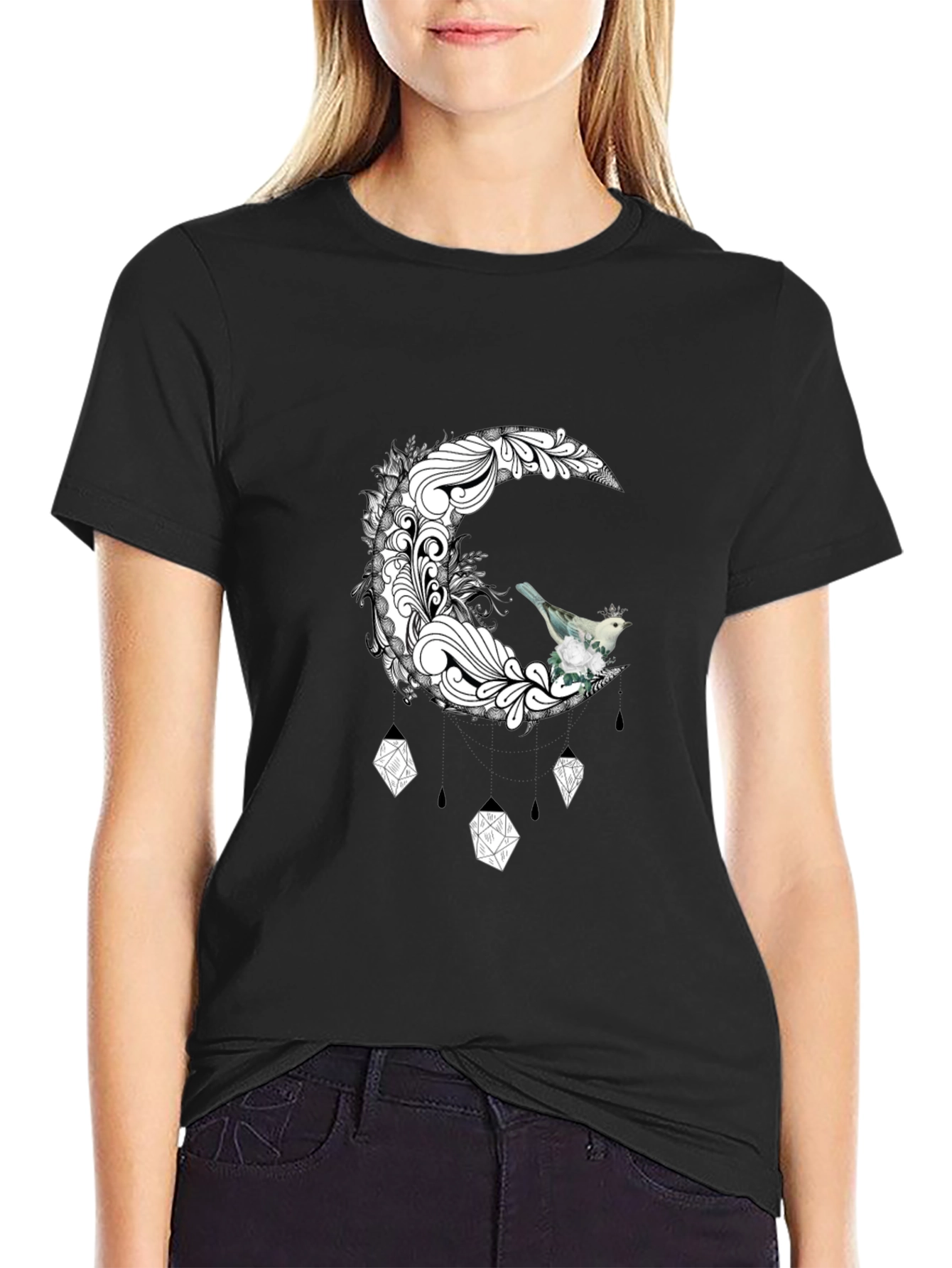 Black T-Shirt with Moon and Bird Graphic