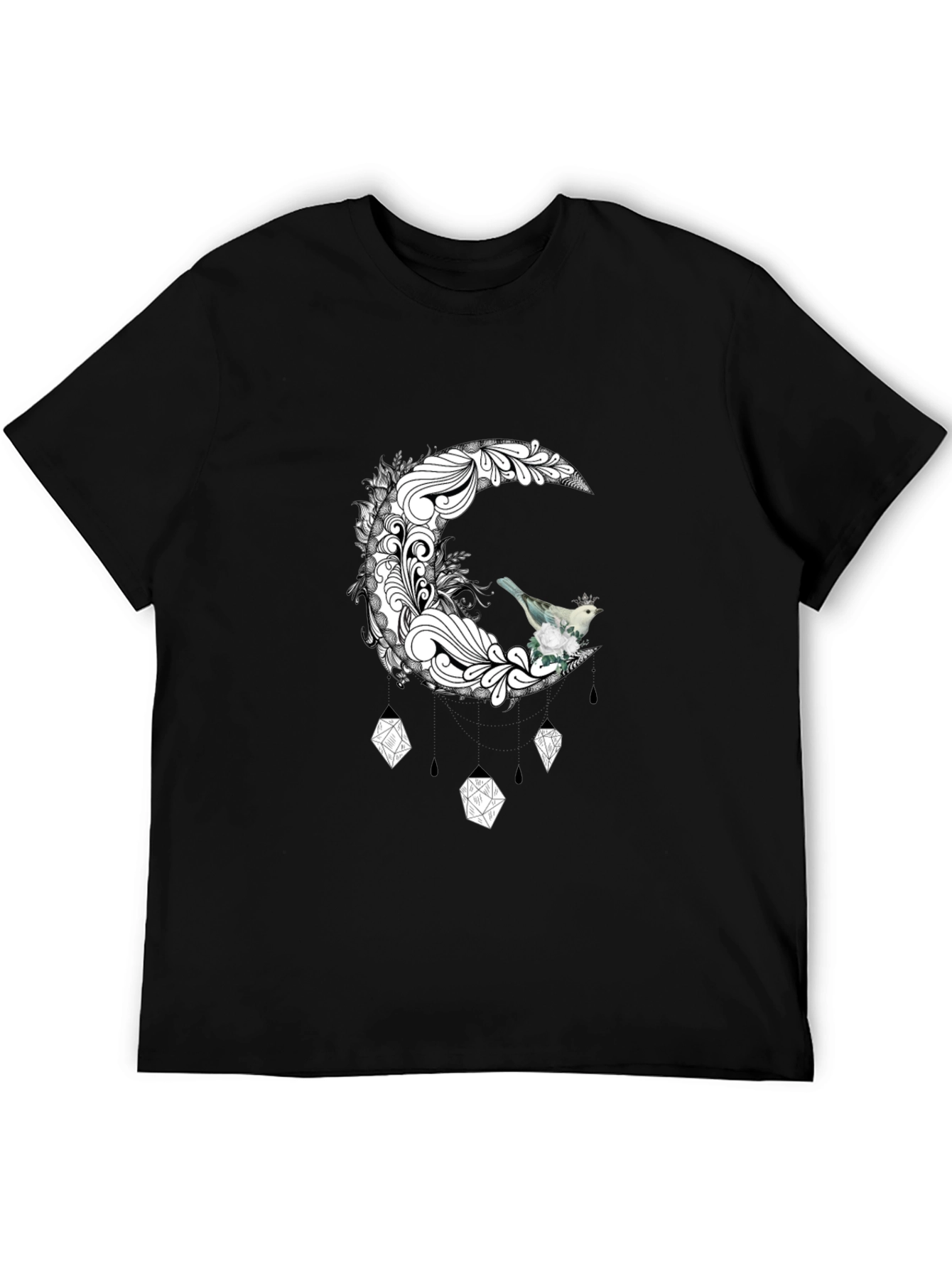 Black T-Shirt with Moon and Bird Graphic