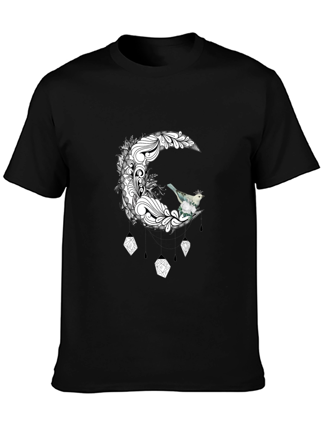 Black T-Shirt with Moon and Bird Graphic