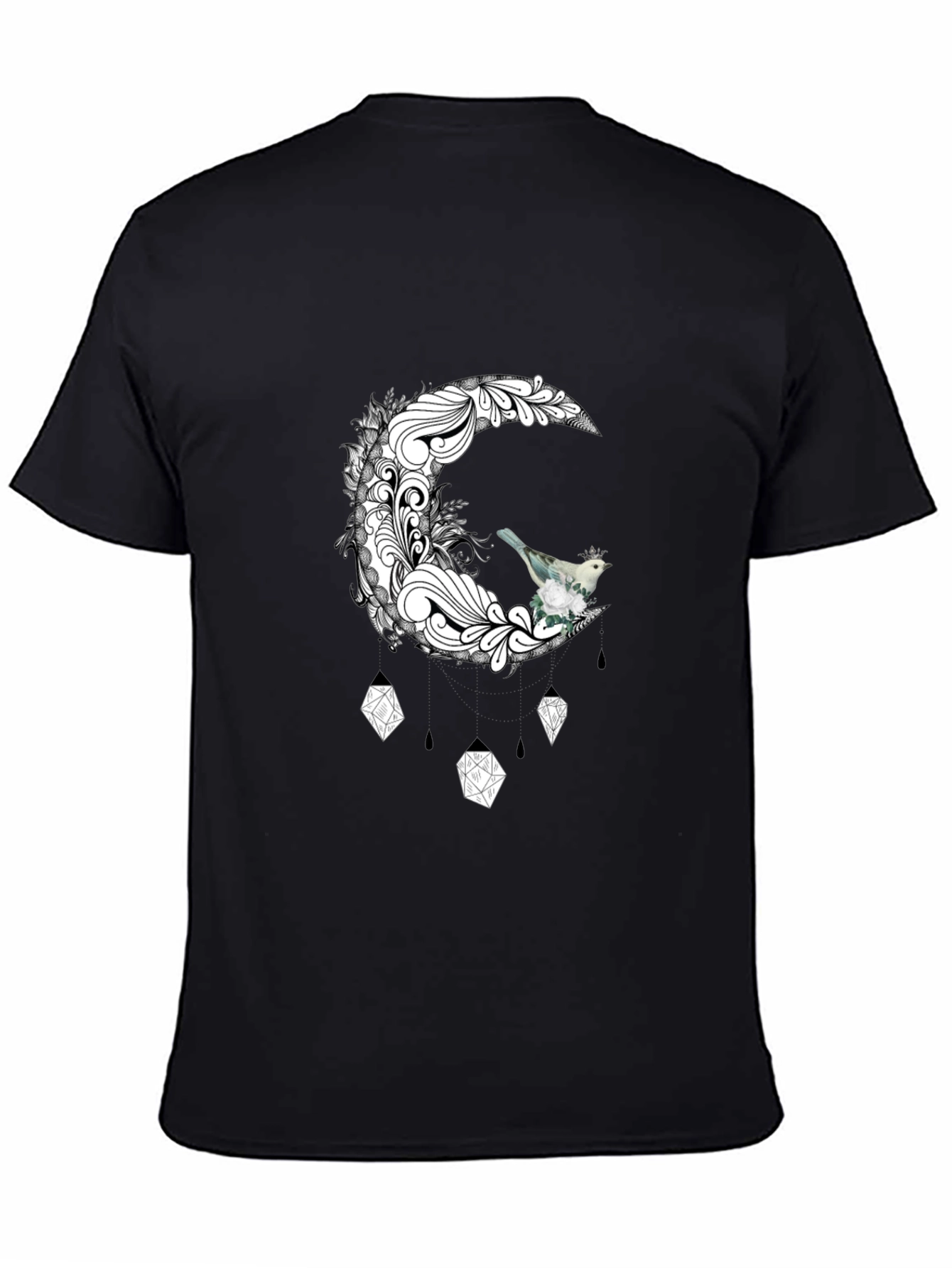 Black T-Shirt with Moon and Bird Graphic